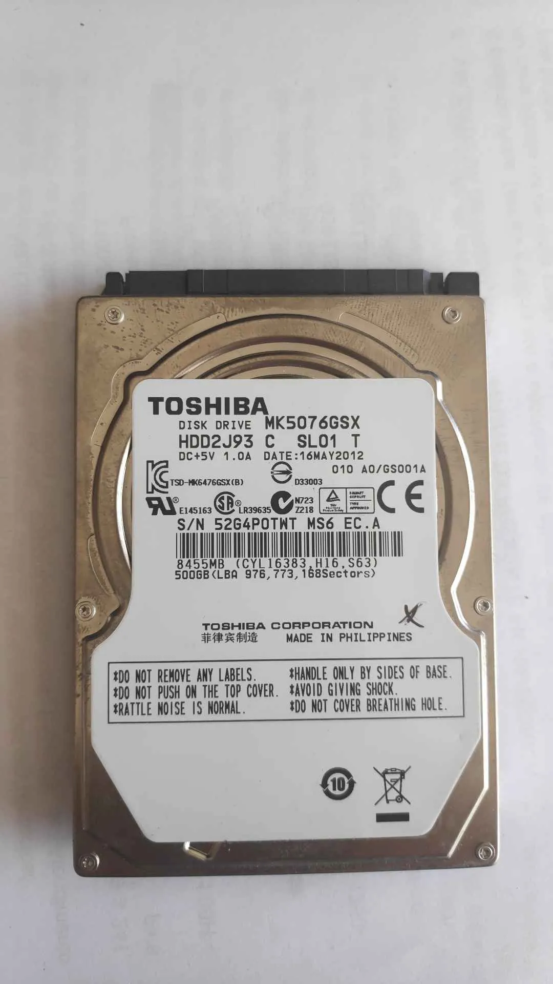Toshiba MK5076GSX S/N 52G4P0TWTMS6