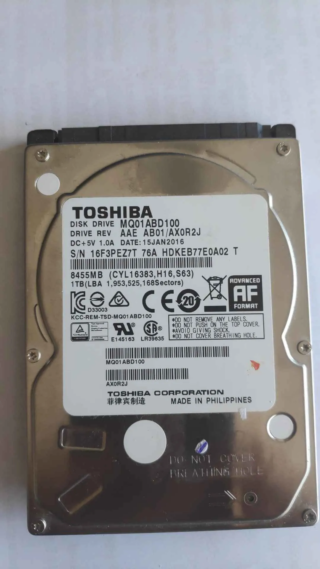 Toshiba MQ01ABD100 S/N 16F3PEZ7T76A