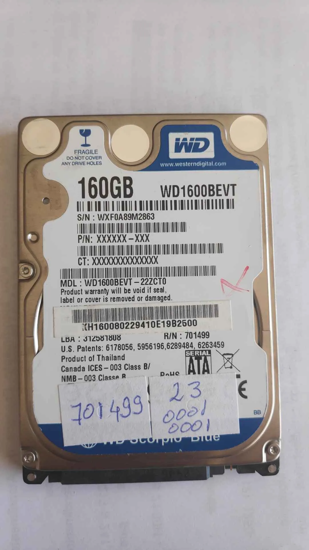 Western Digital WD1600BEVT-22ZCT0 S/N WXF0A89M2863