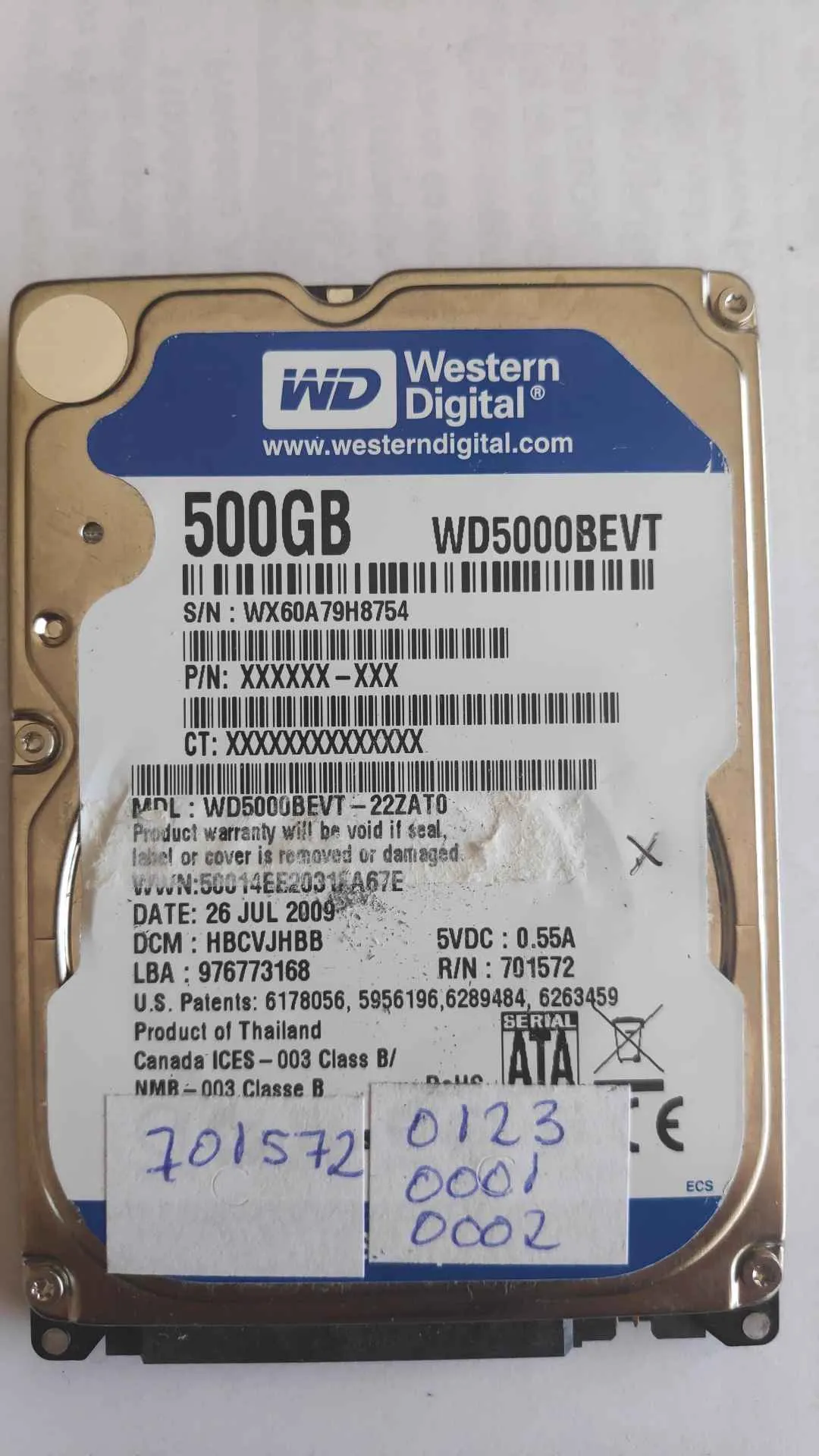 Western Digital 50000BEVT-22ZAT0 S/N WX60A79H8754