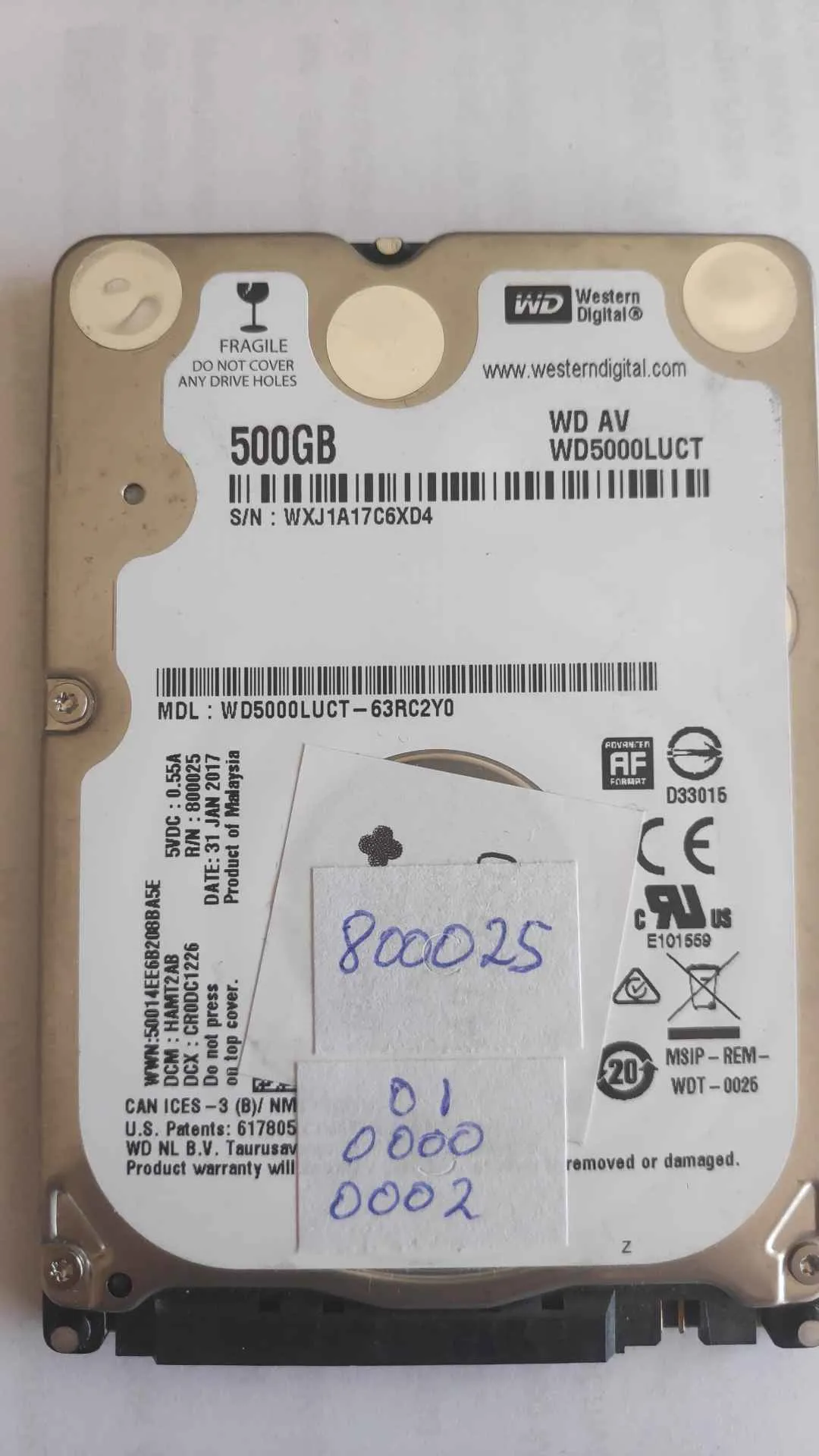 Western Digital WD5000LUCT-63RC2Y0 S/N WXJ1A17C6XD4