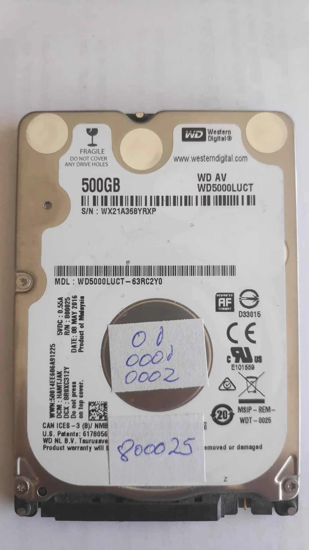 Western Digital WD5000LUCT-63RC2Y0 S/N WX21A368YRXP