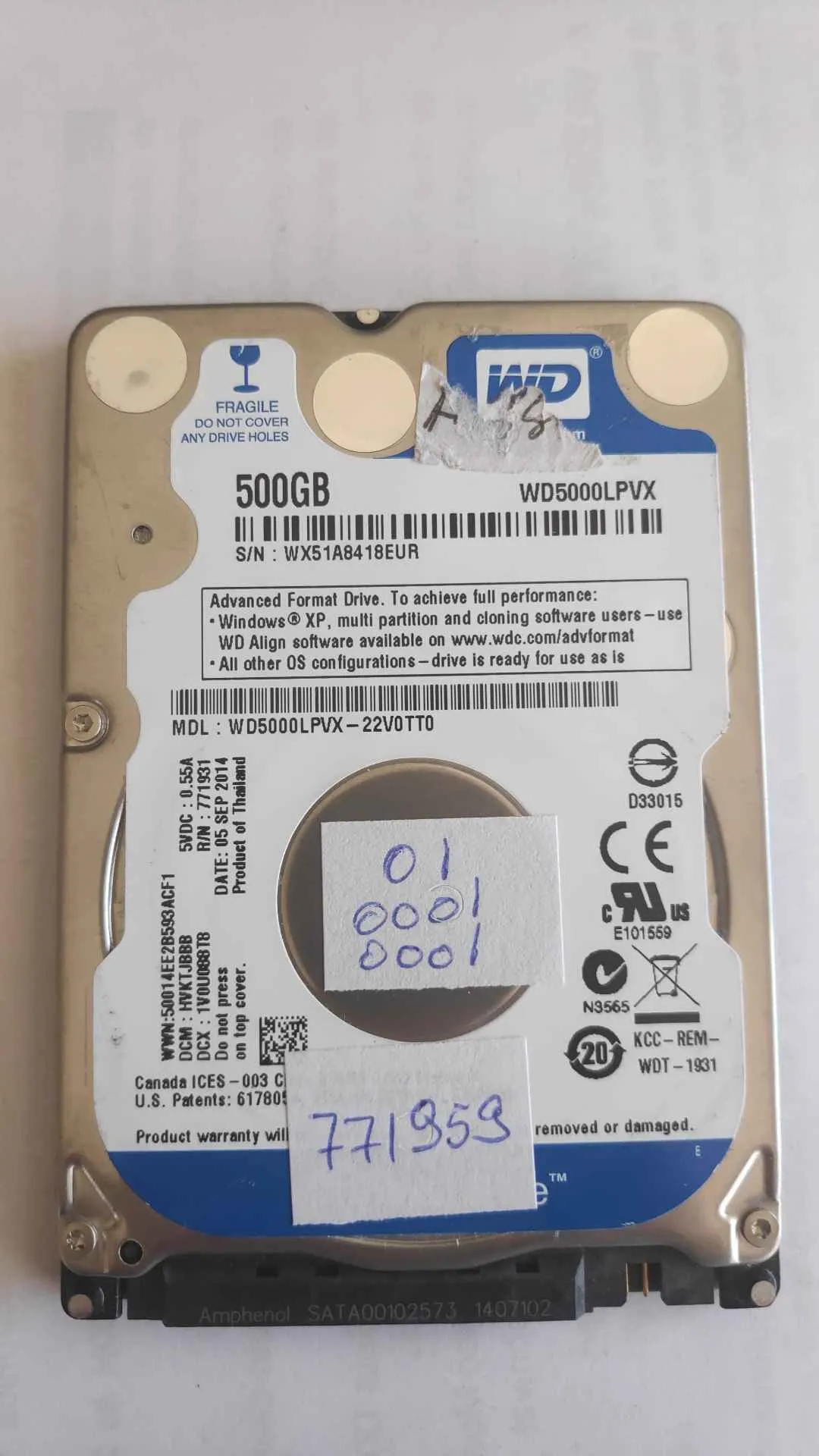 Western Digital WD5000LPVX-22V0TT0 S/N WX51A8418EUR