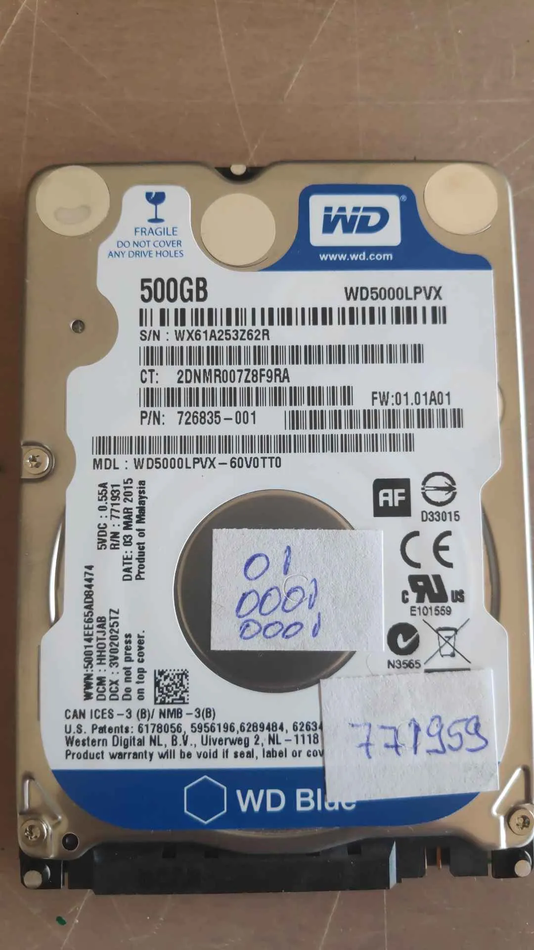 Western Digital WD5000LPVX-60V0TT0 S/N WX61A253Z62R