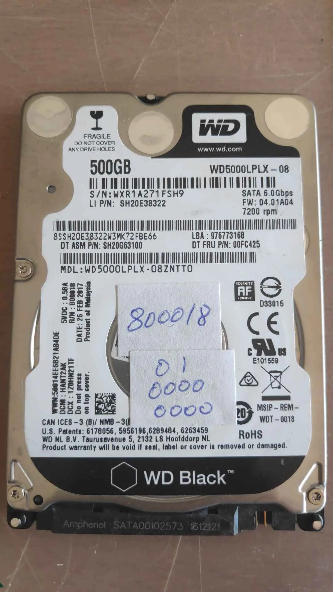 Western Digital WD5000LPLX-08ZNTT0 S/N WXR1A271FSH9