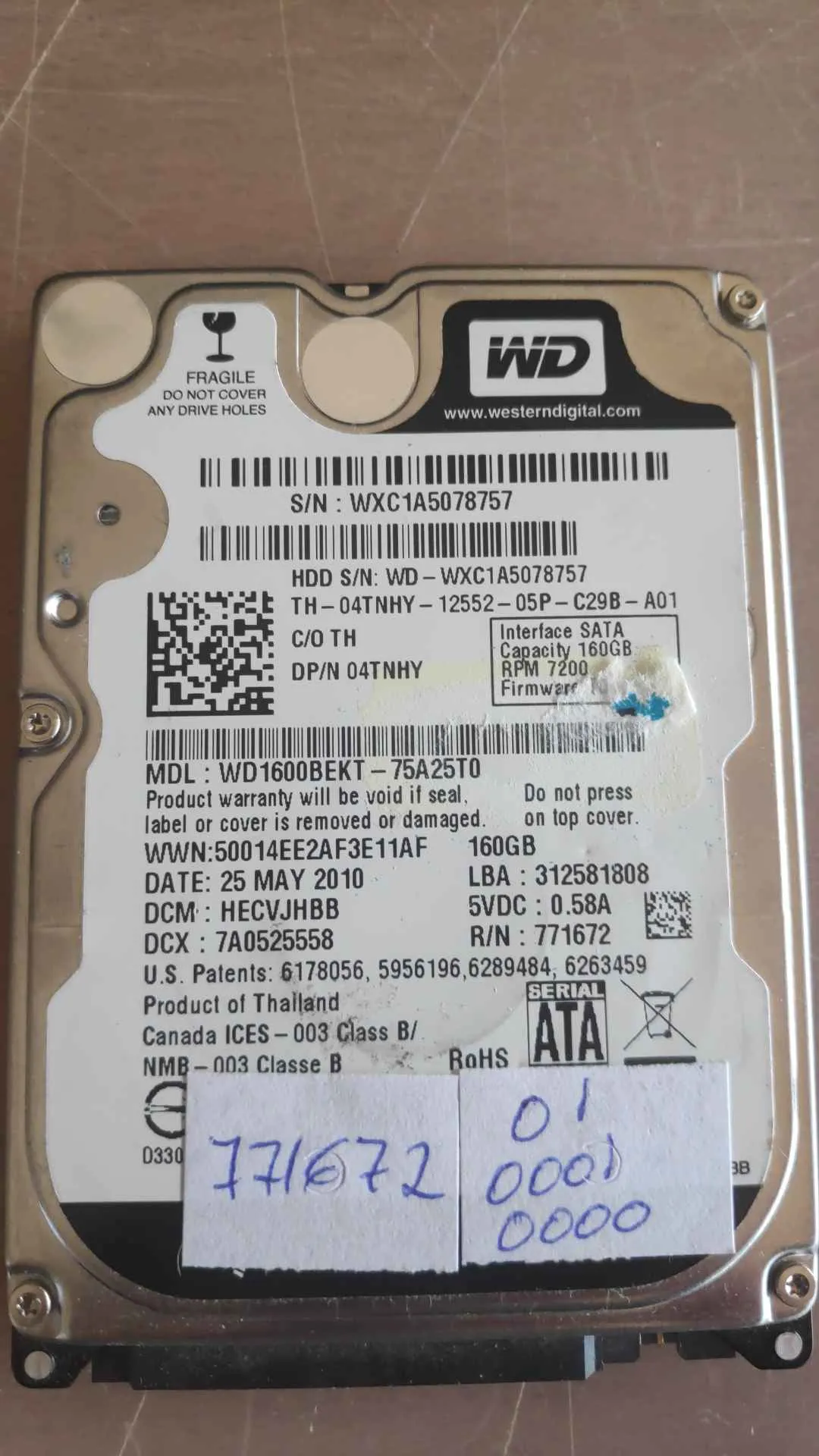 Western Digital WD1600BEKT-75A25T0 S/N WXC1A5078757
