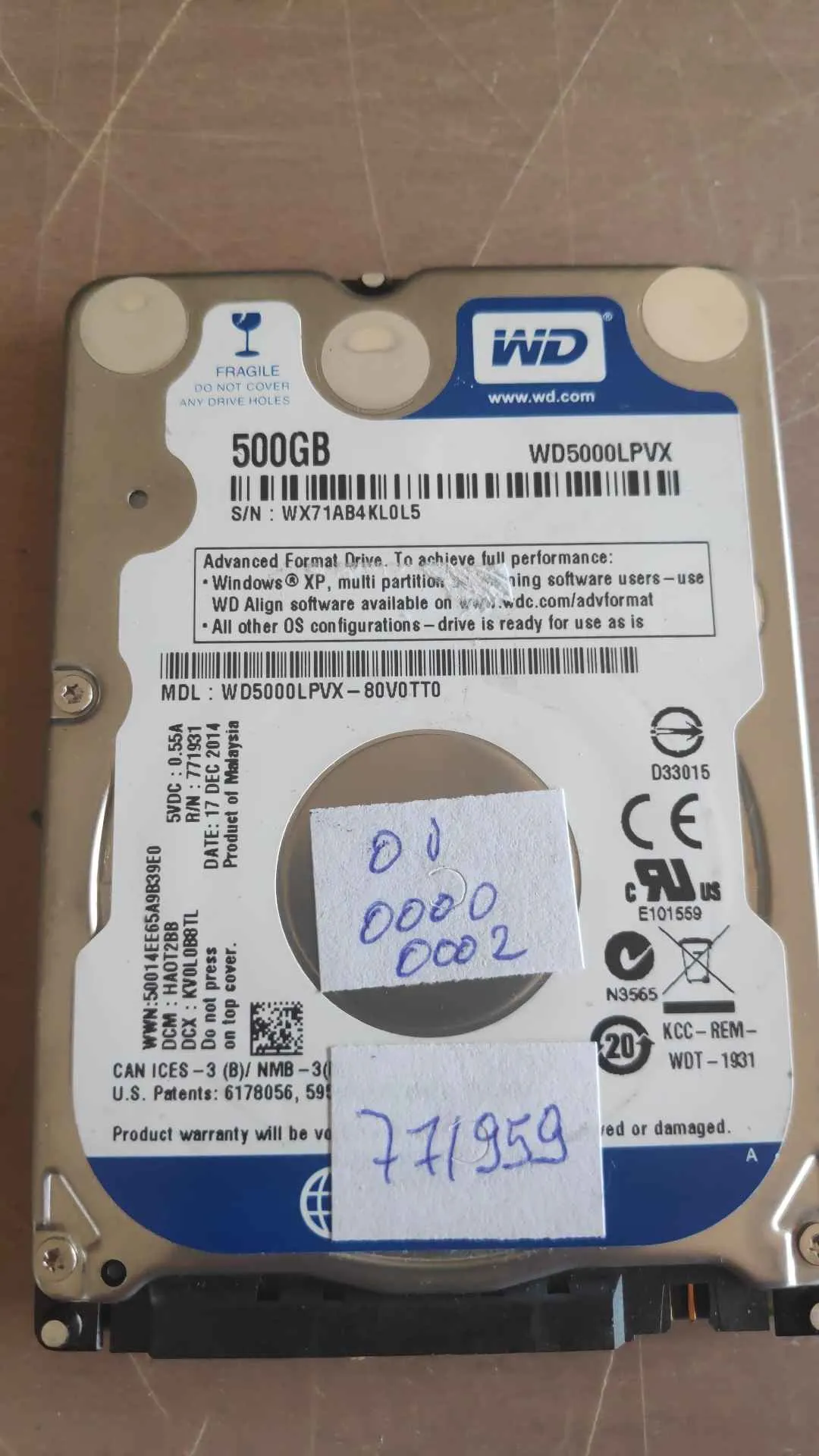 Western Digital WD5000LPVX-80V0TT0 S/N WX71AB4KL0L5