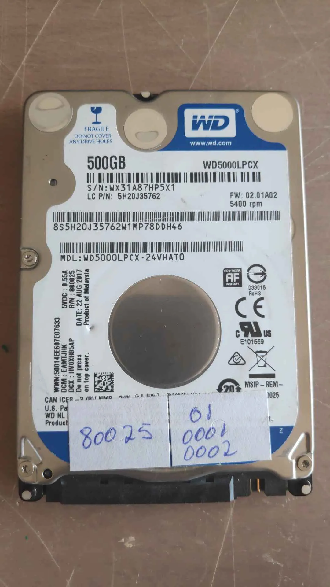 Western Digital WD5000LPCX-24VHAT0 S/N WX31A87HP5X1