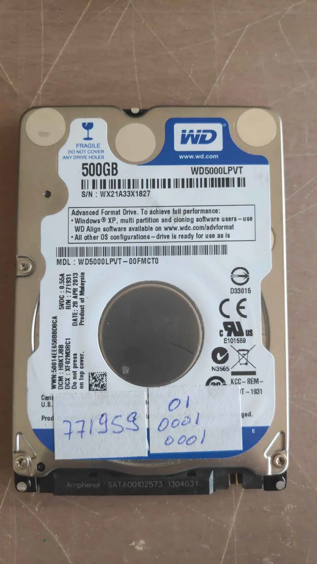 Western Digital WD5000LPVT-00FMCT0 S/N WX21A33X1827