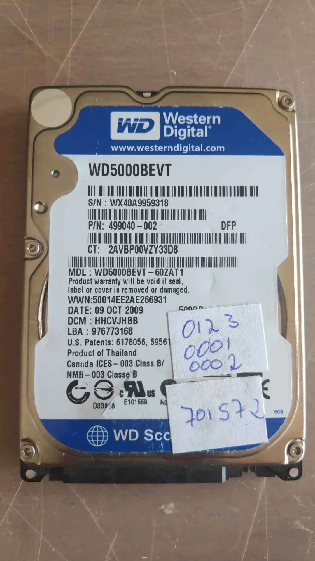 Western Digital WD5000BEVT-60ZAT1 S/N WX40A9959318