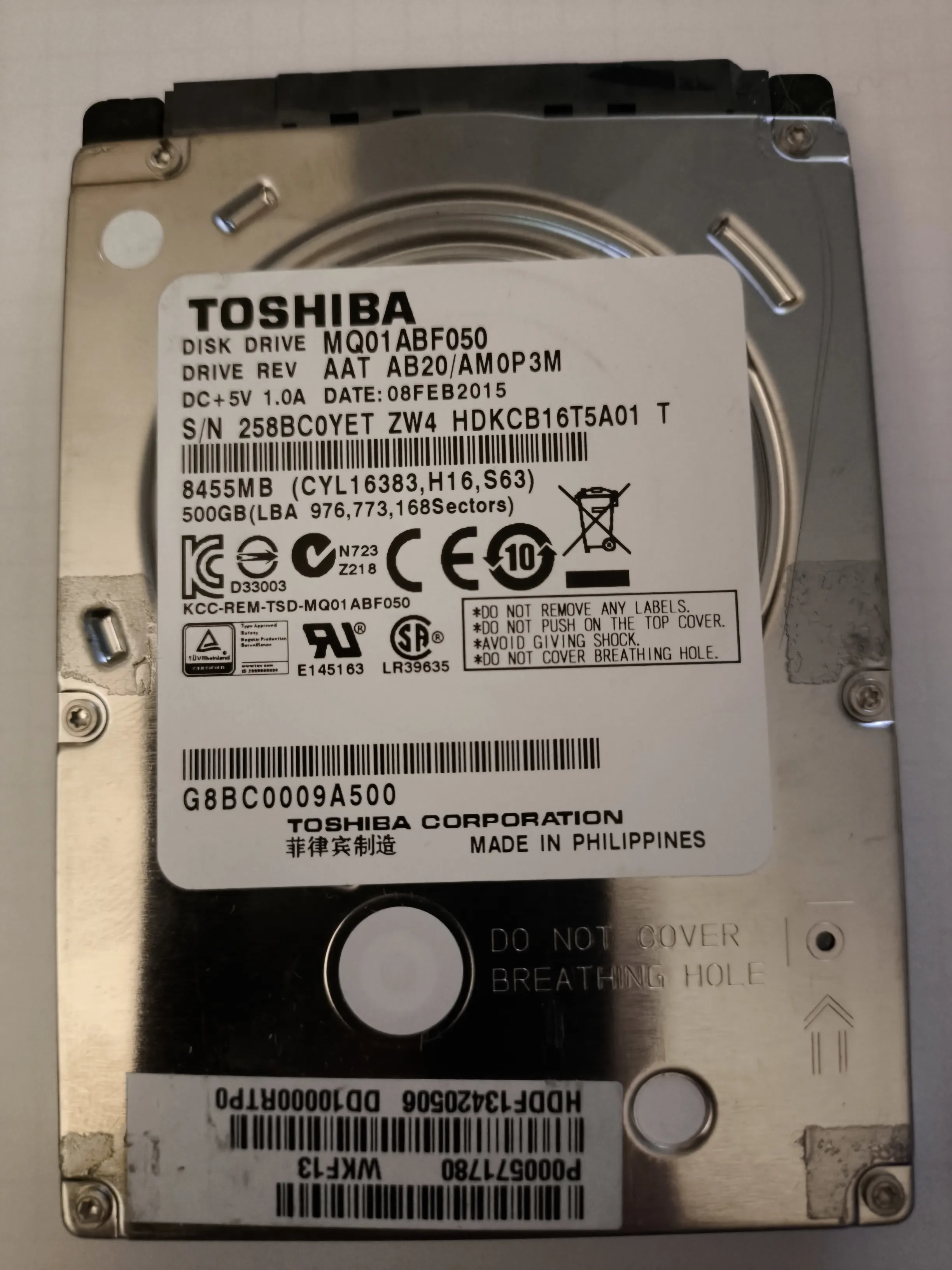 Toshiba MQ01ABF050 S/N 258BC0YET