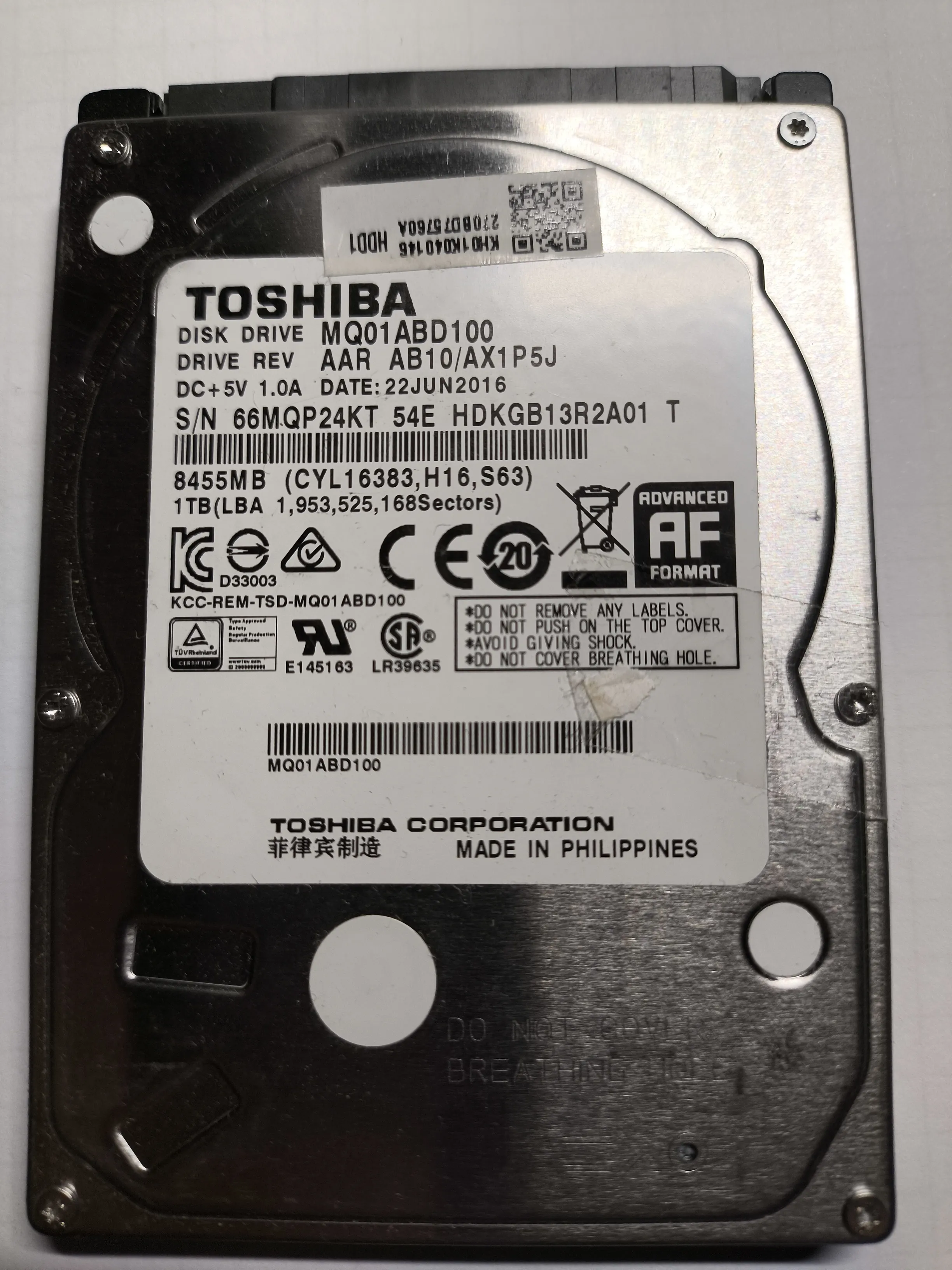 Toshiba MQ01ABD100 S/N 66MQP24KT