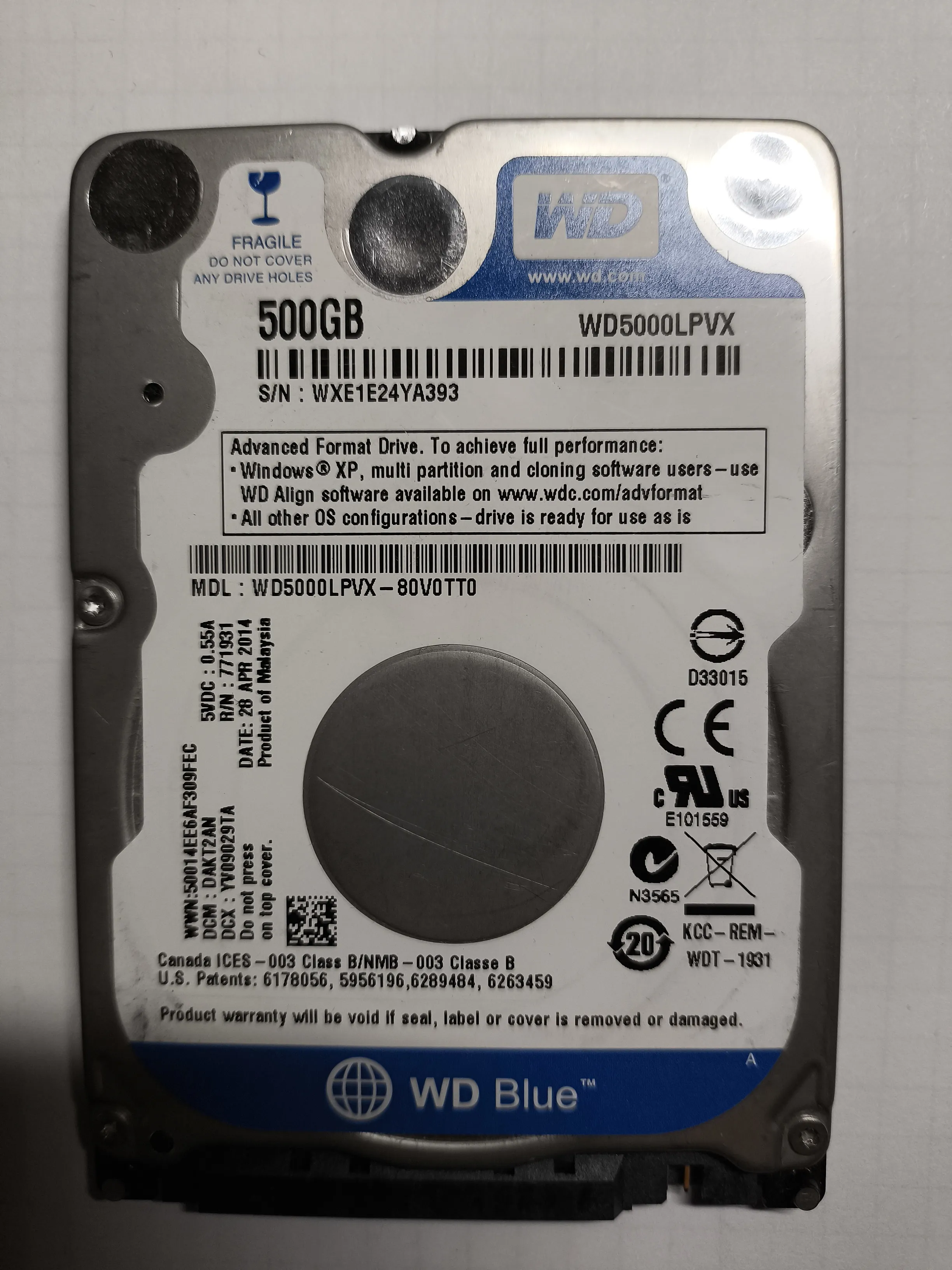 Western Digital WD5000LPVX-80V0TT0 S/N WXE1E24YA393
