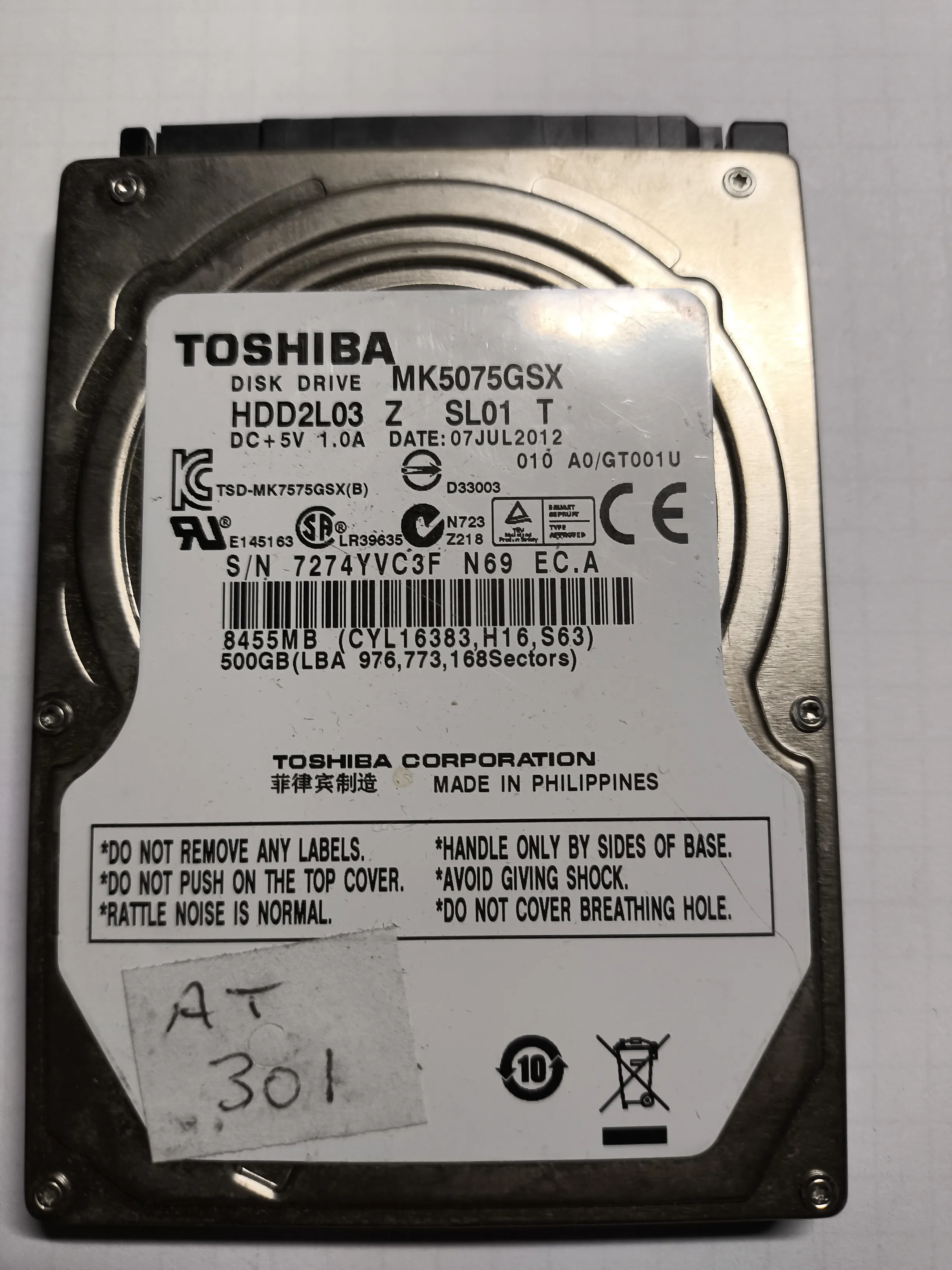 Toshiba MK5075GSX S/N 7274YVC3F
