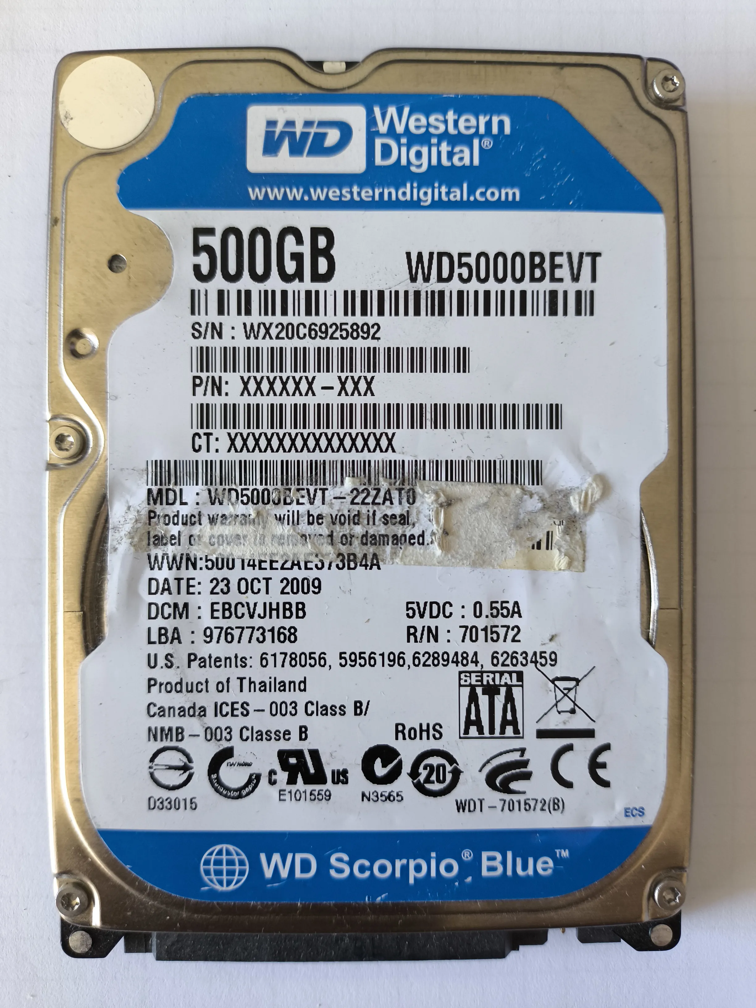 Western Digital WD5000BEVT-22ZAT0 S/N WX20C6925892