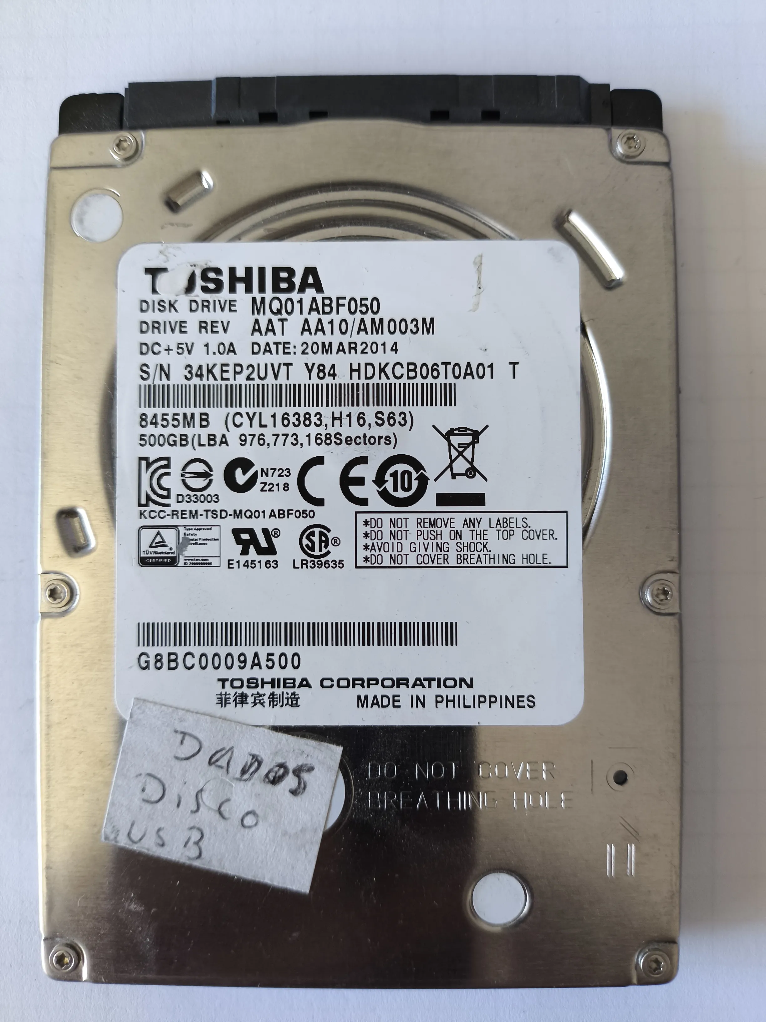 Toshiba MQ01ABF050 S/N 34KEP2UVT