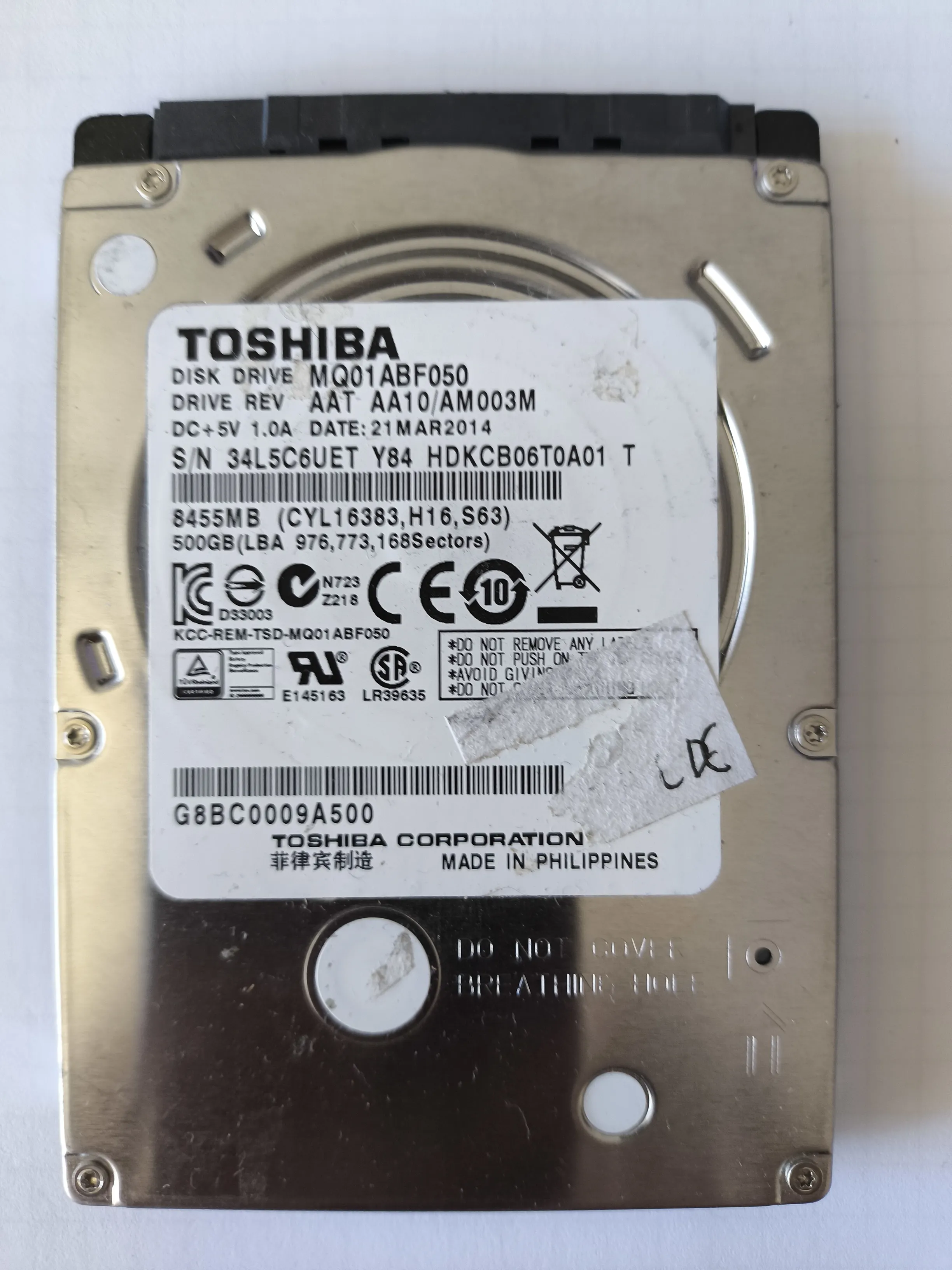 Toshiba MQ01ABF050 S/N 34L5V6UET