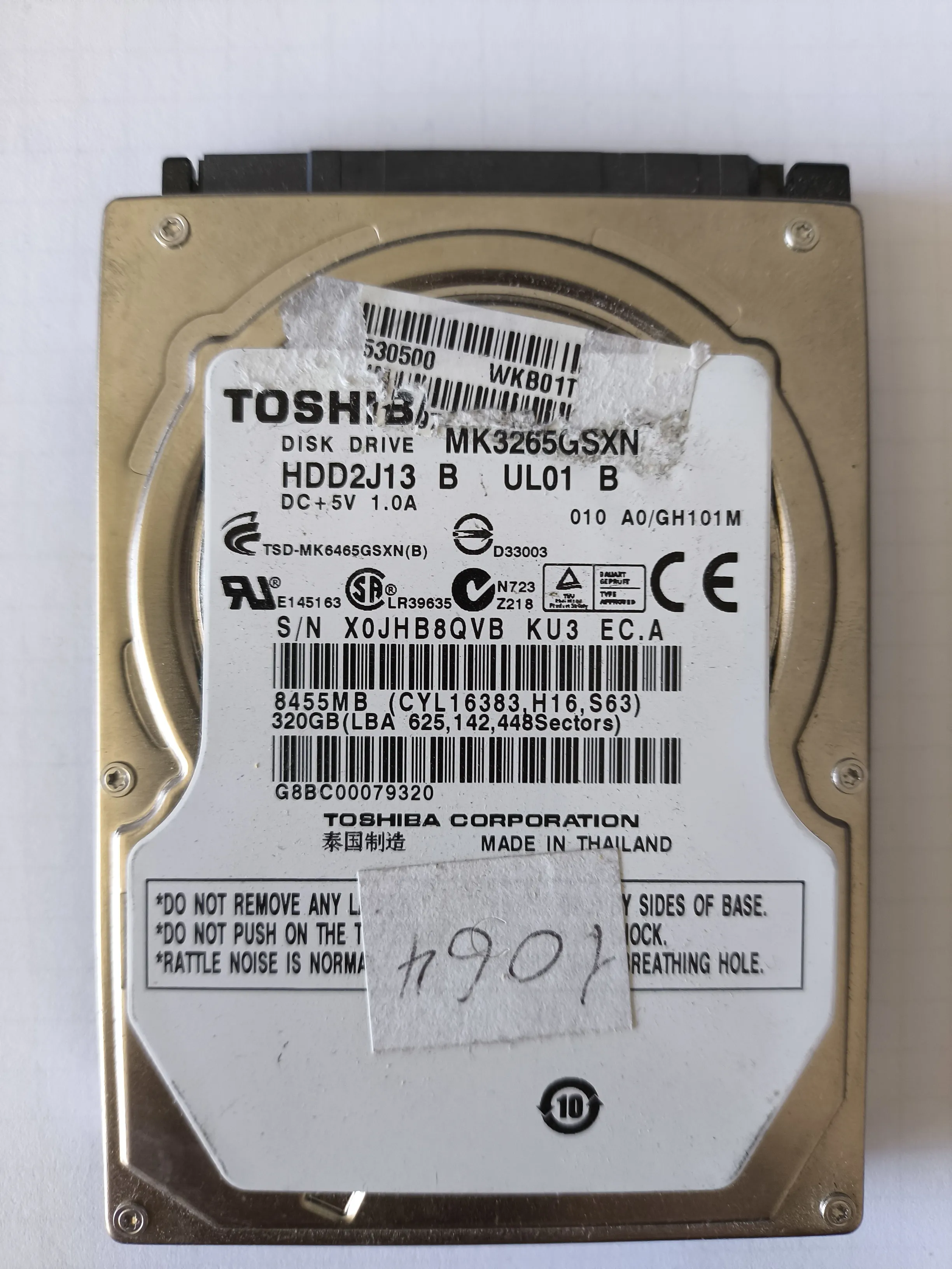 Toshiba MK3265GSXN S/N X0JHB8QVB