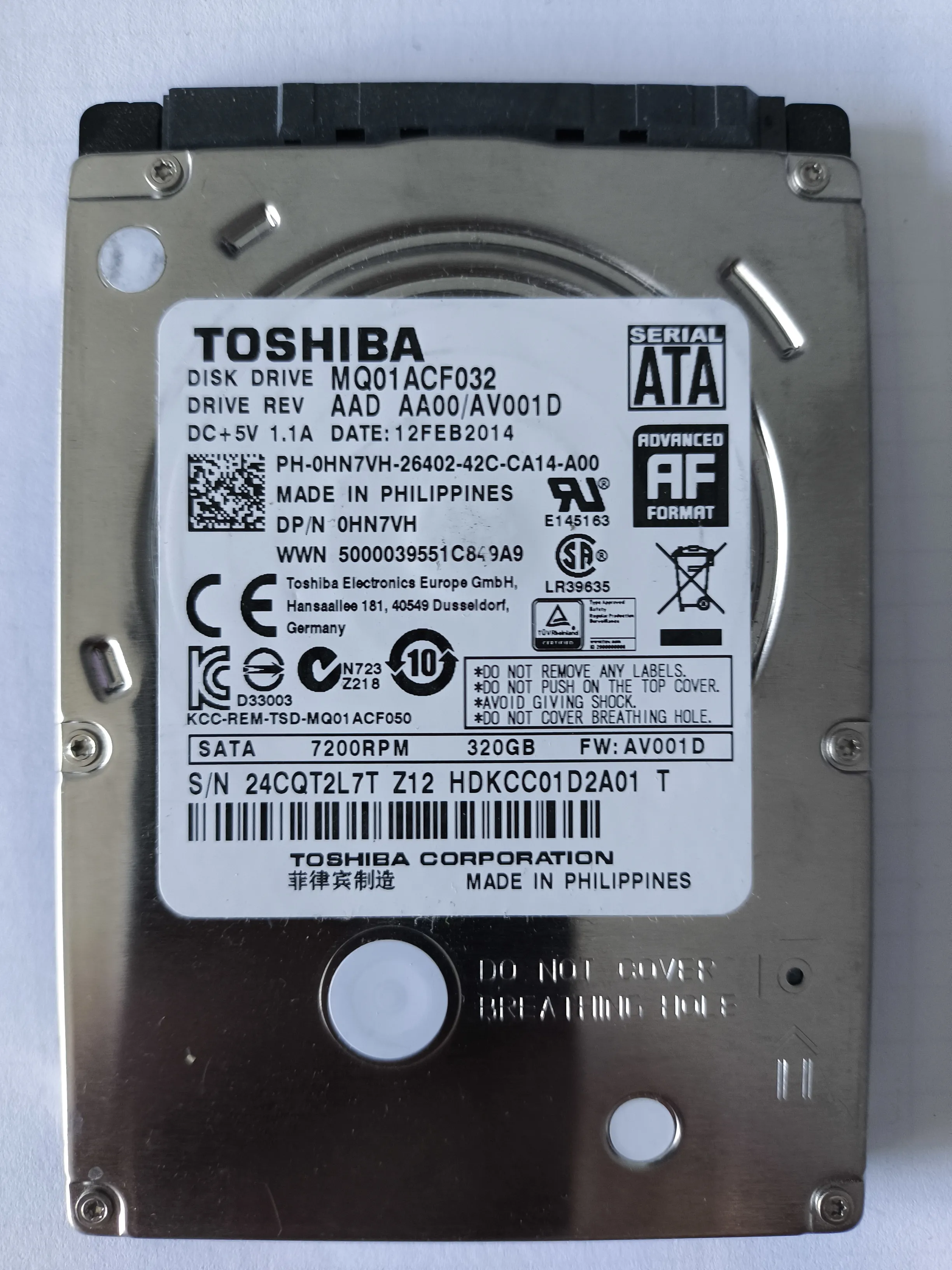 Toshiba MQ01ACF032 S/N 34CQT2L7T