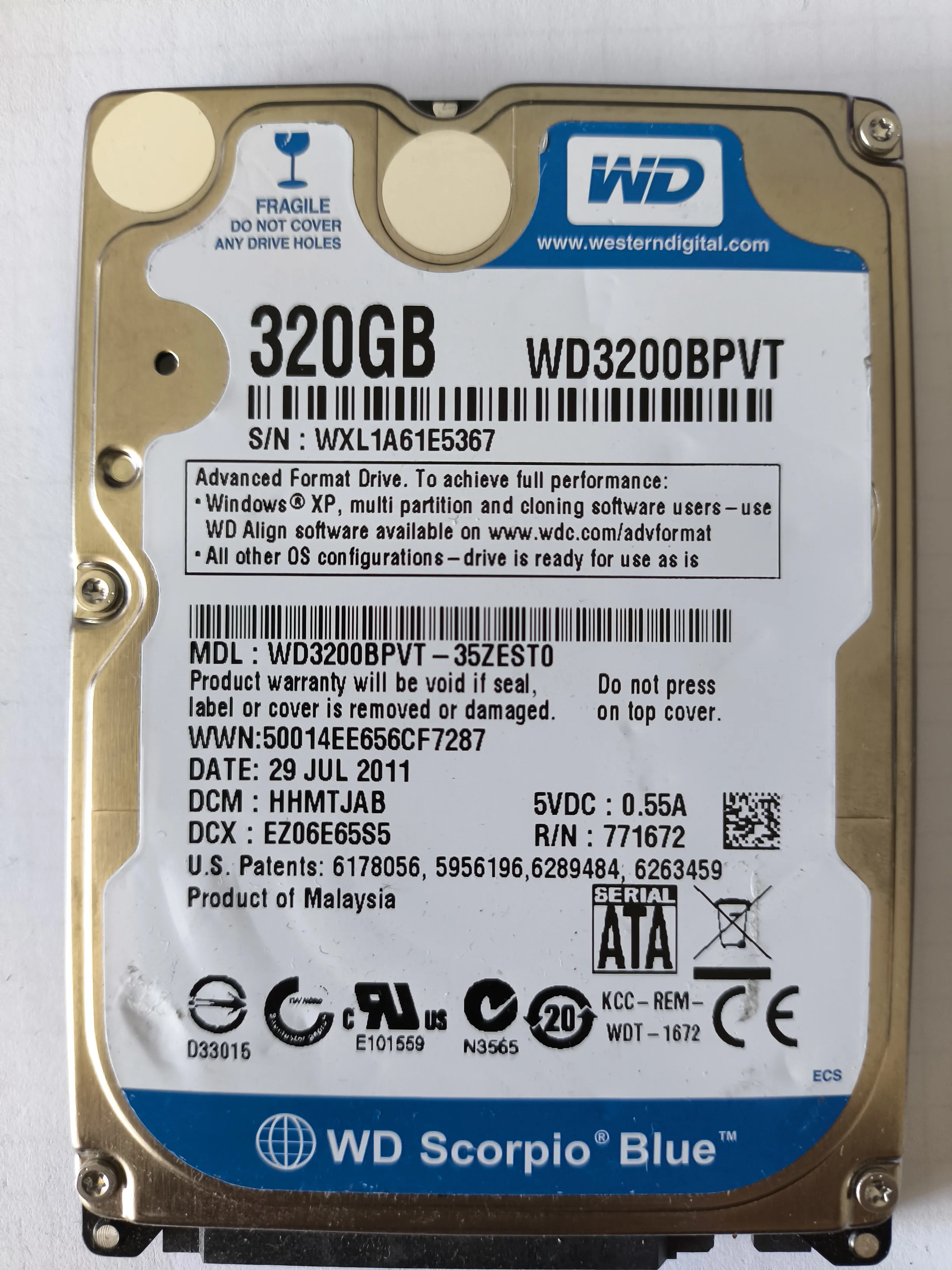 Western Digital WD3200BPVT-35ZEST0 S/N WXL1A61E5367