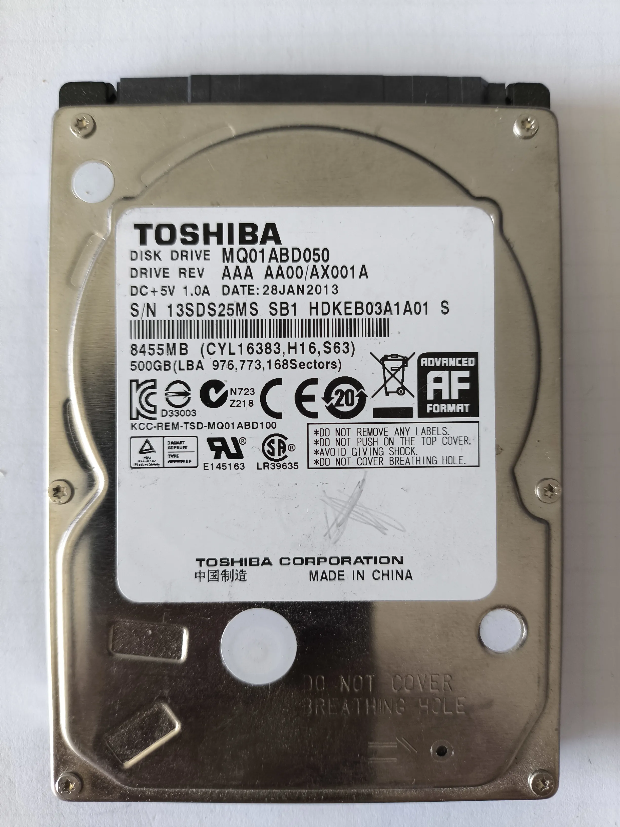Toshiba MQ01ABD050 S/N 13SDS25MS