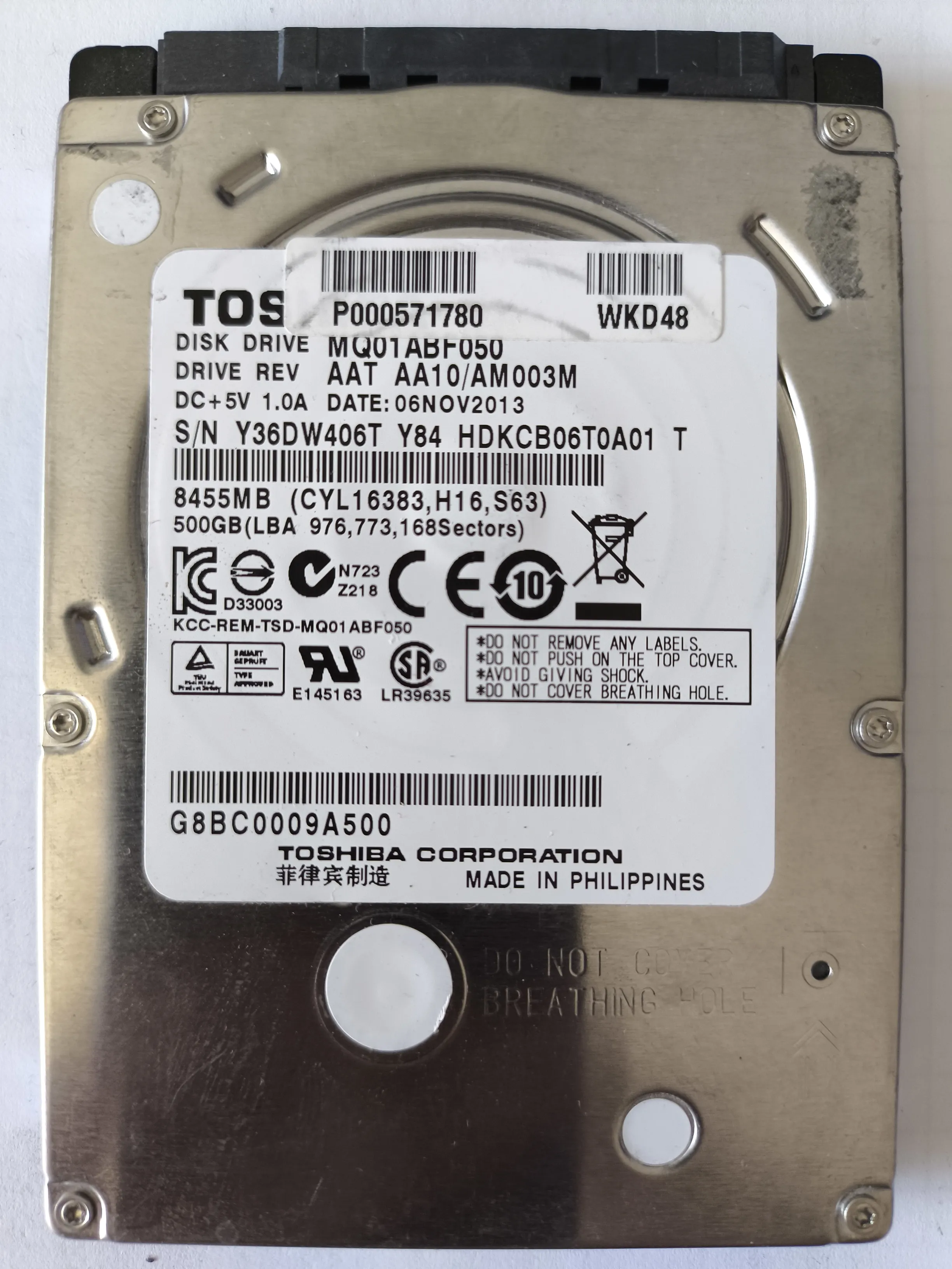 Toshiba MQ01ABF050 S/N Y36DW406T