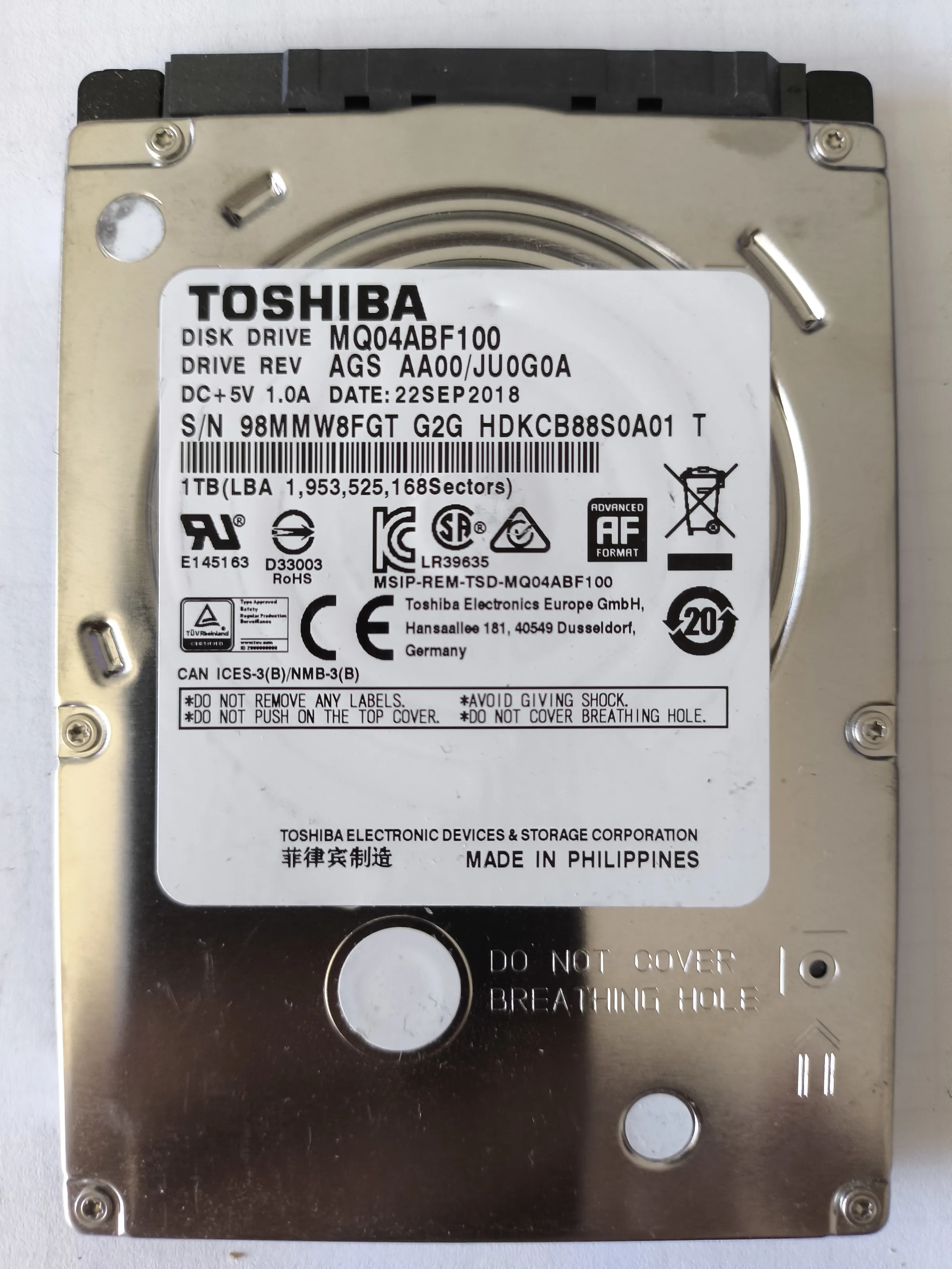 Toshiba MQ04ABF100 S/N 98MMW8FGT