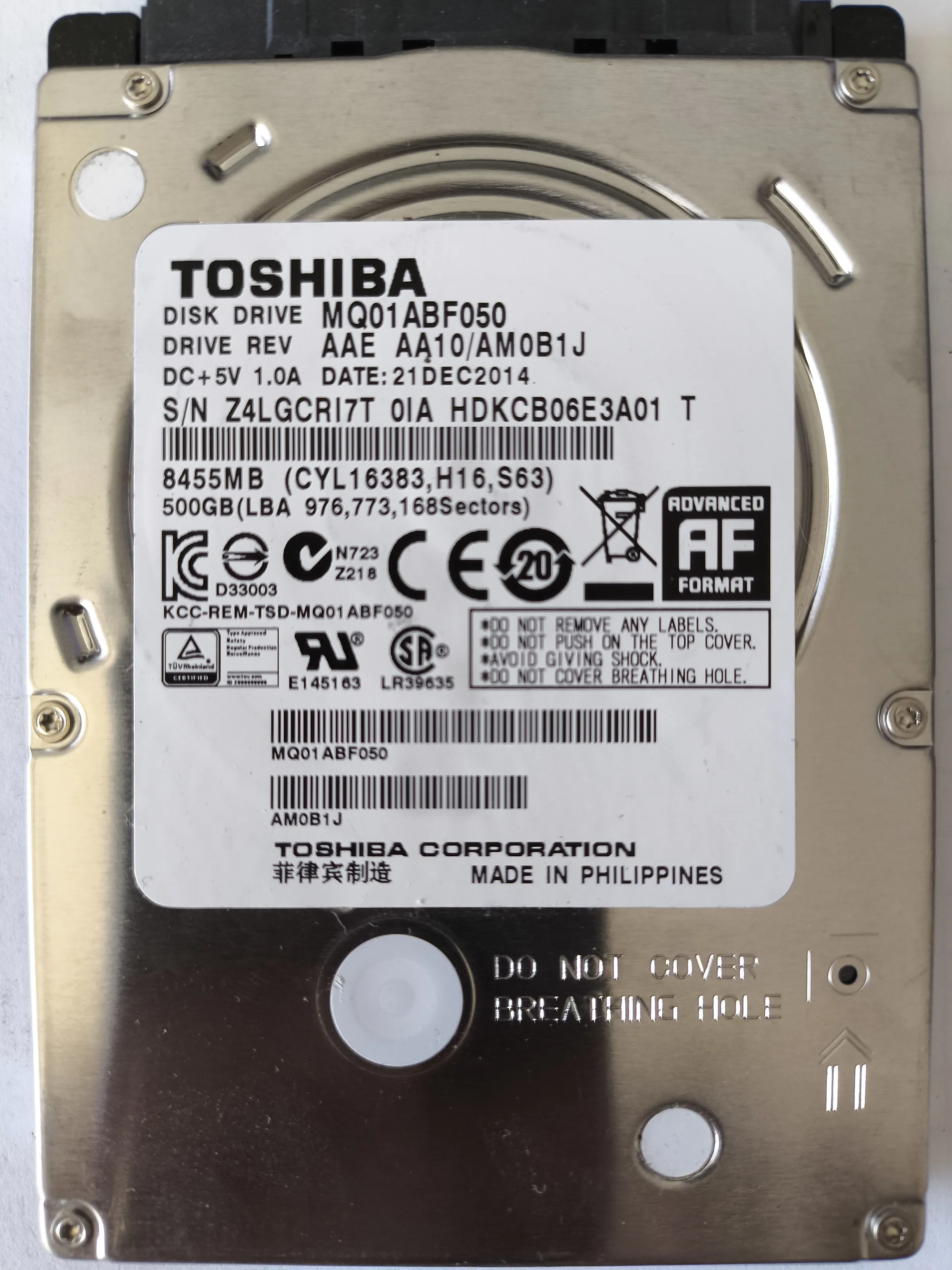 Toshiba MQ01ABF050 S/N Z4LGCRI7T