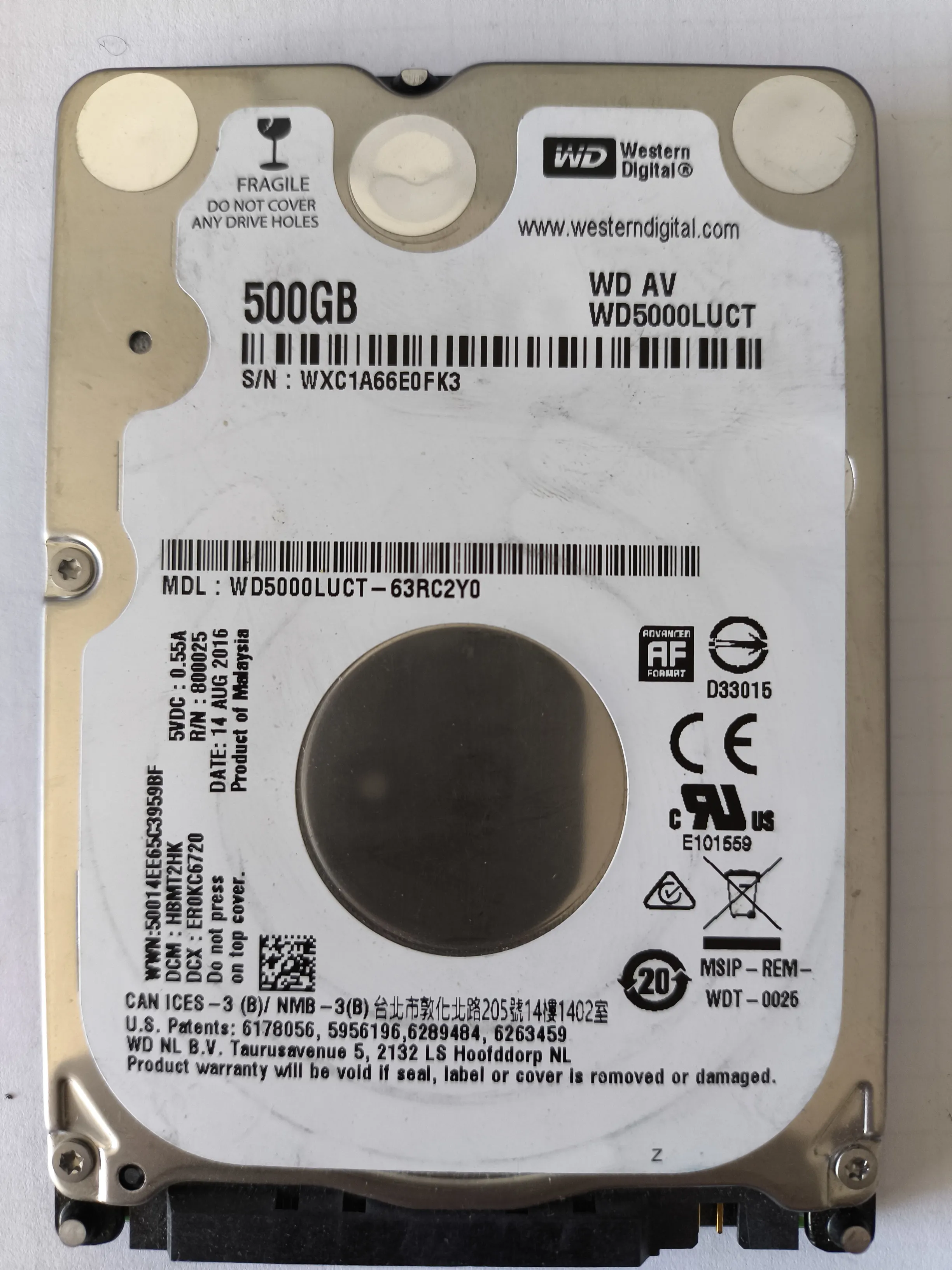 Western Digital WD5000LUCT-63RC2Y0 S/N WXC1A66E0FK3