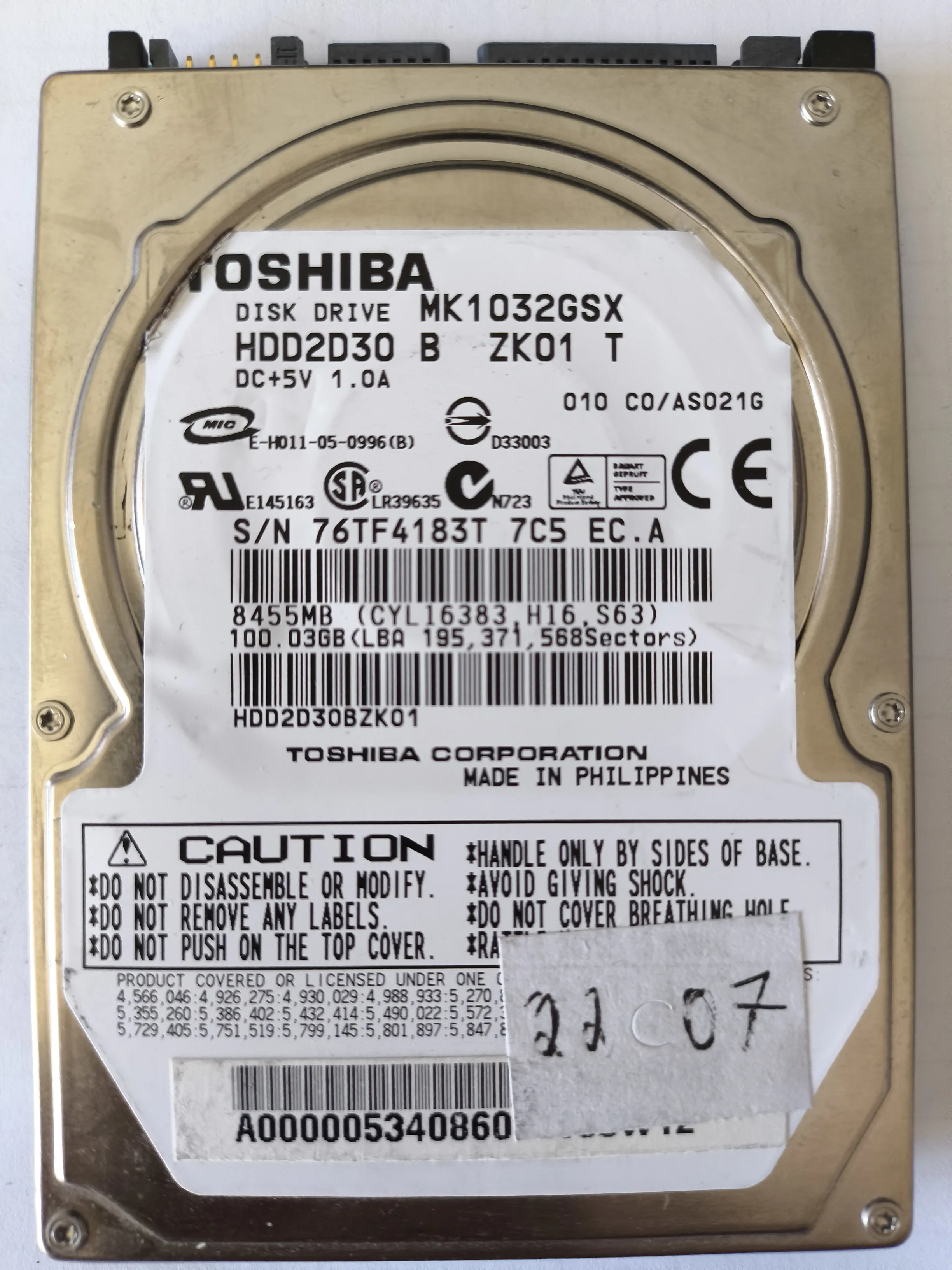 Toshiba MK1032GSX S/N 76TF4183T