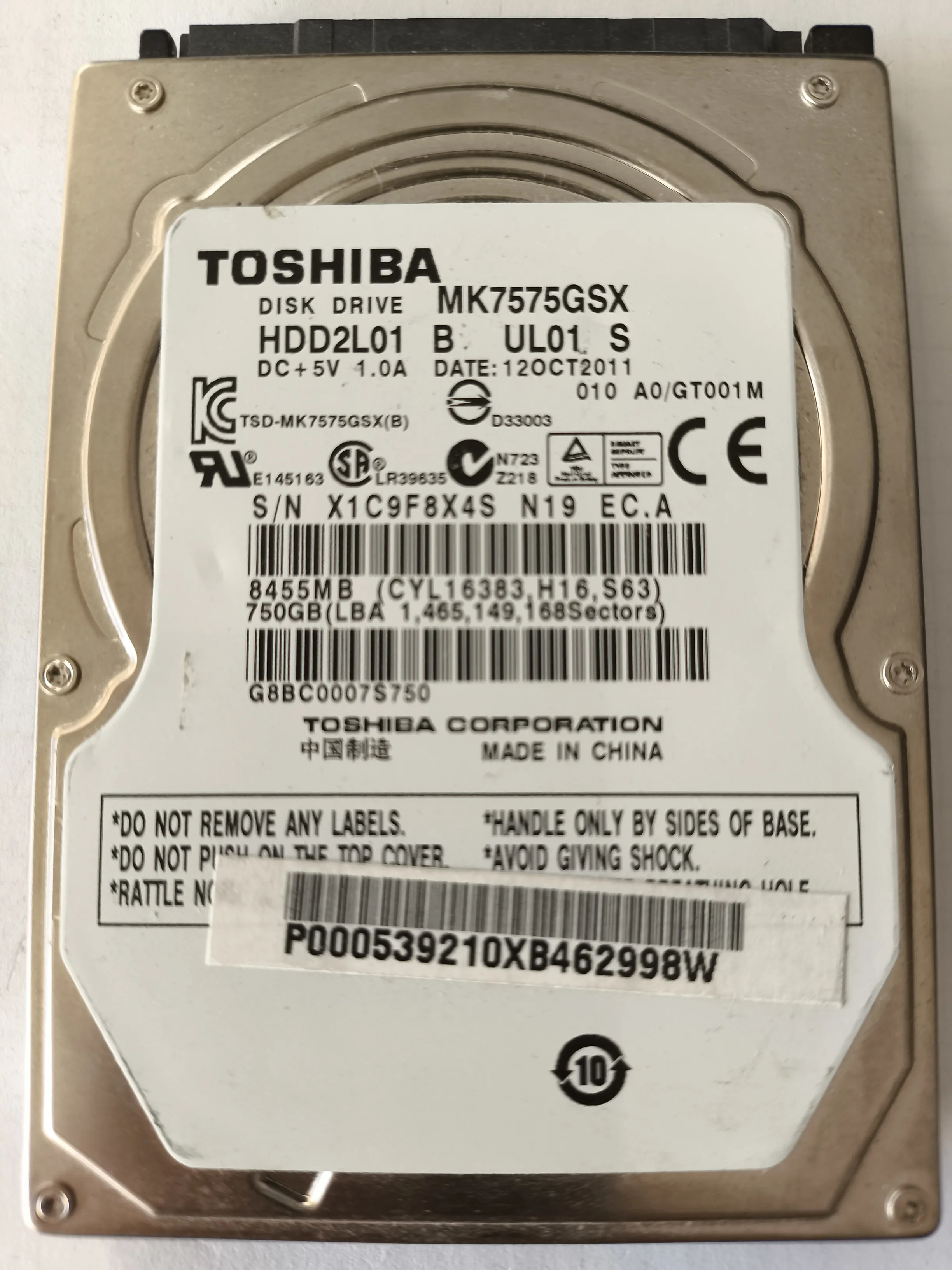 Toshiba MK7575GSX S/N X1C9F8X4S