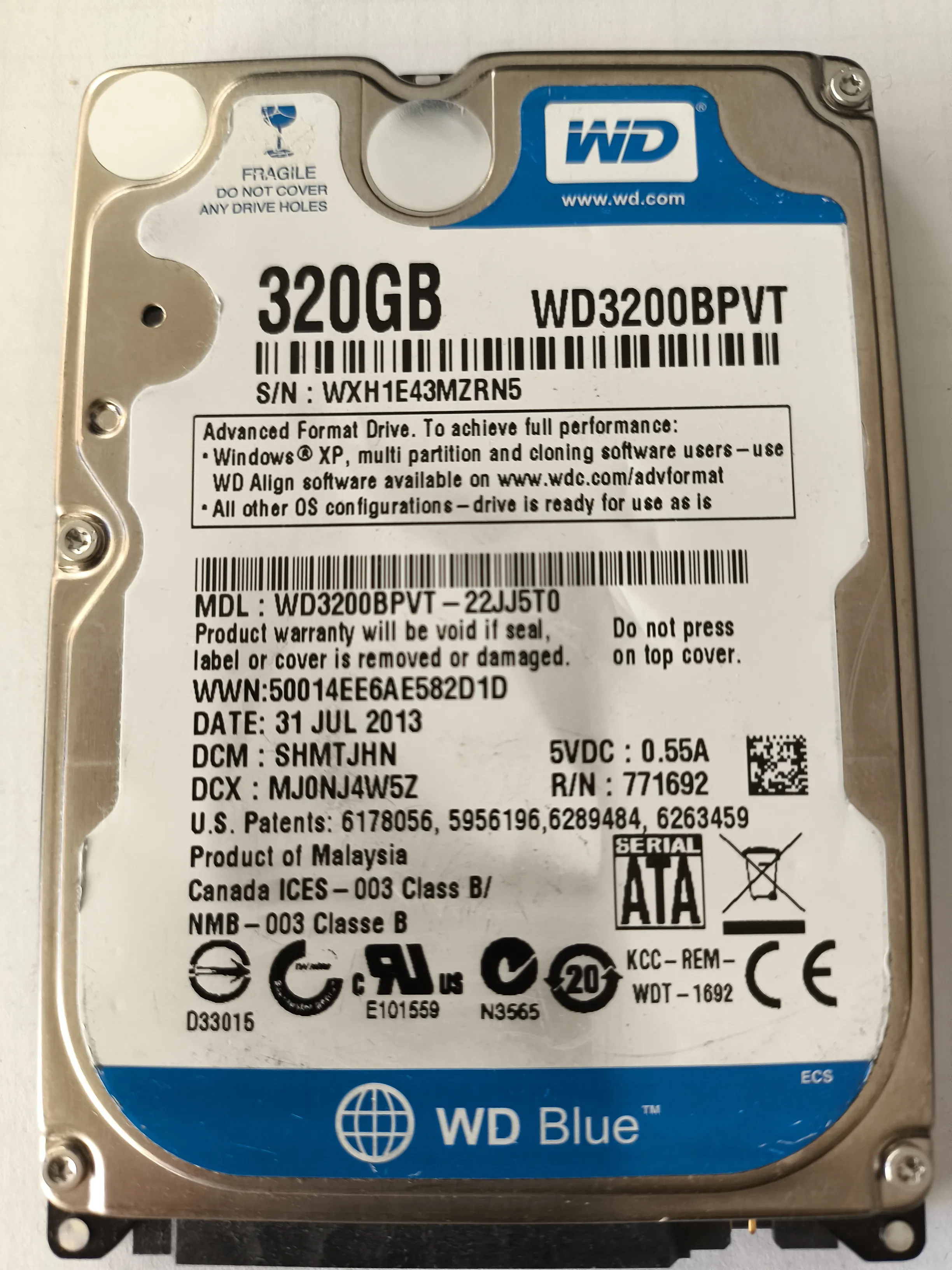 Western Digital WD3200BPVT-22JJ5T0 S/N WXH1E43MZRN5