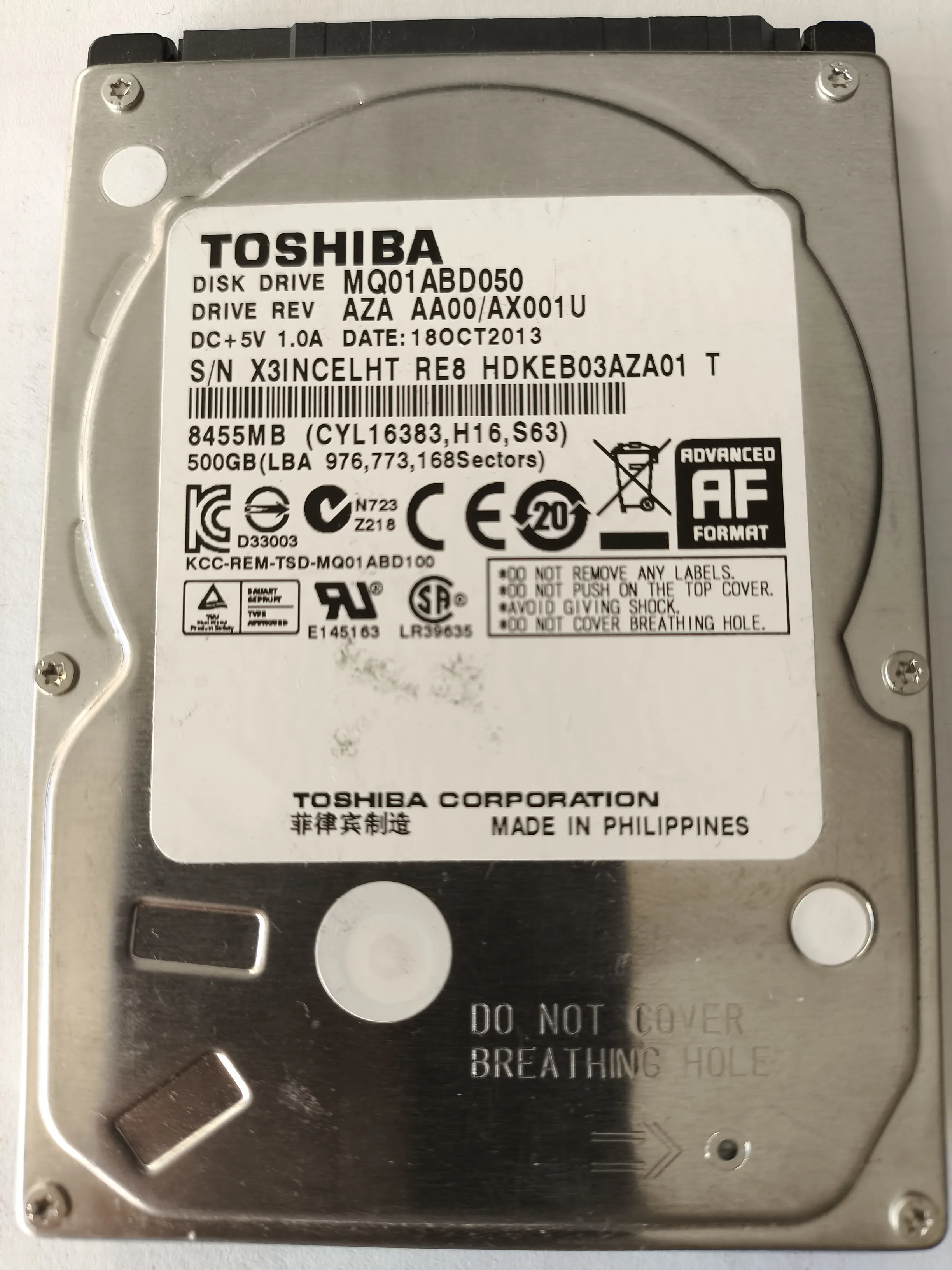 Toshiba MQ01ABD050 S/N X3INCELHT