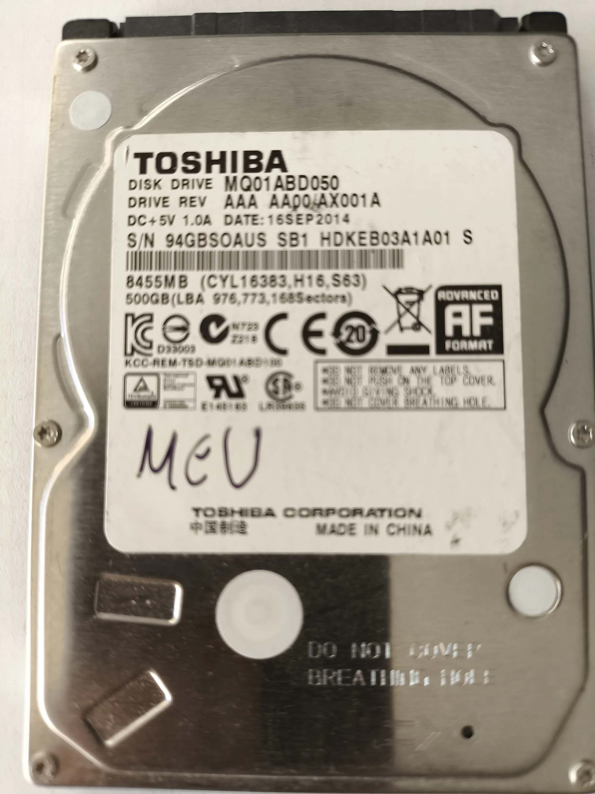 Toshiba MQ01ABD050 S/N 94GBSOAUS