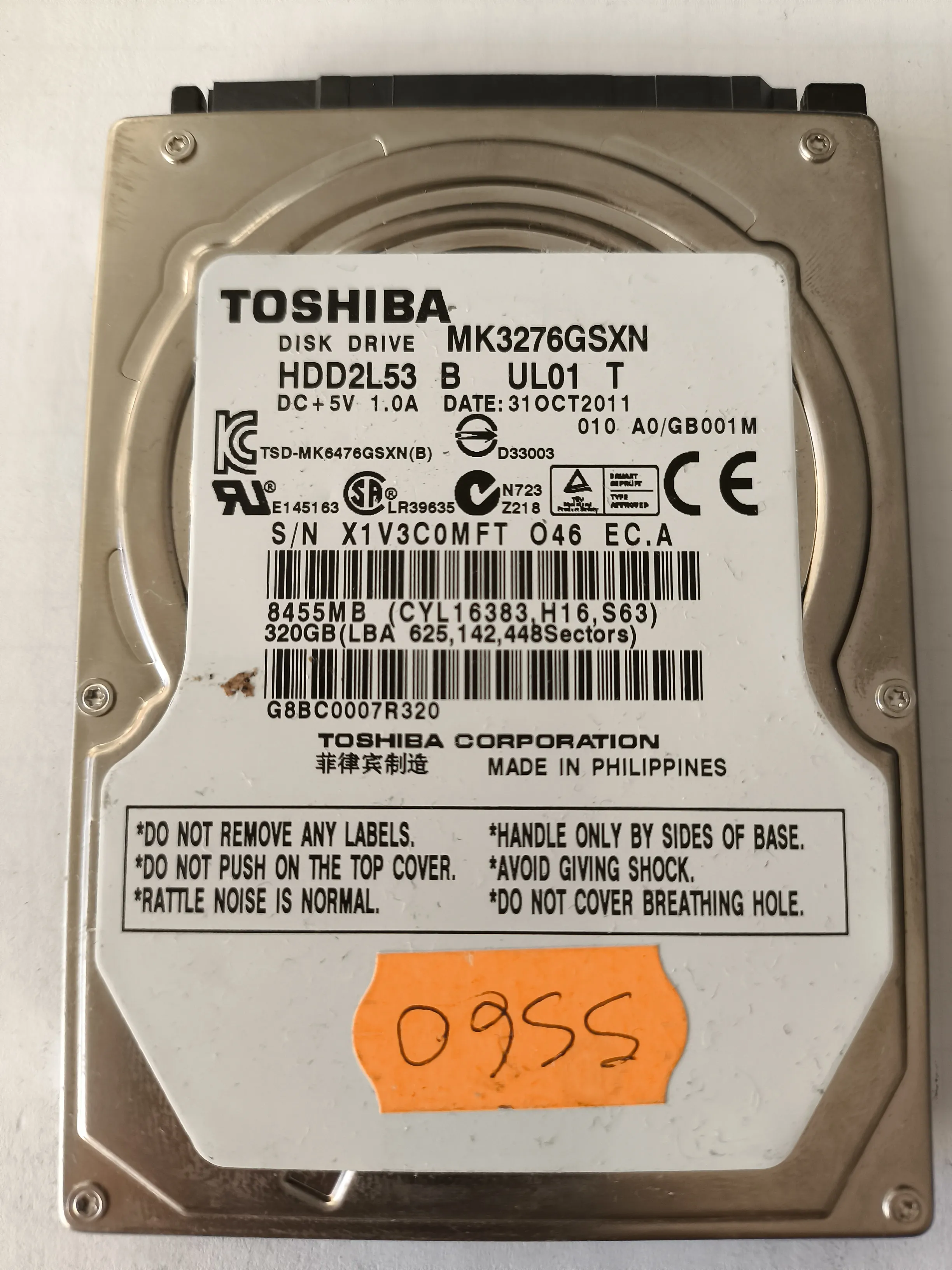 Toshiba MK3276GSXN S/N X1V3C0MFT