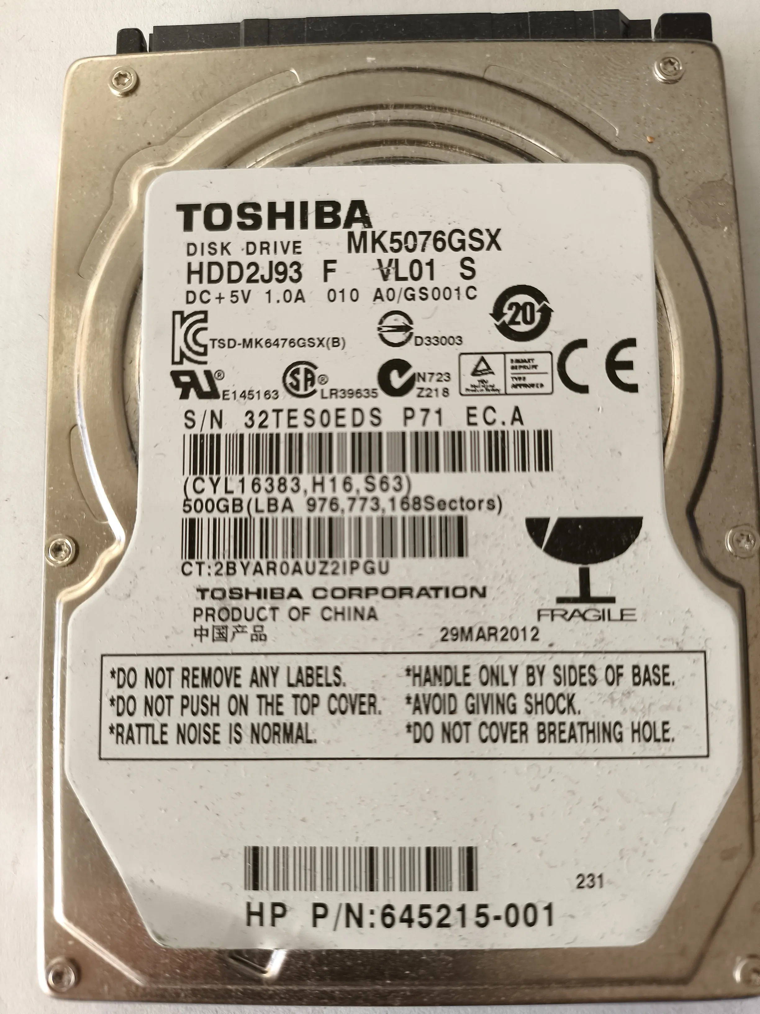 Toshiba MK5076GSX S/N 32TES0EDS