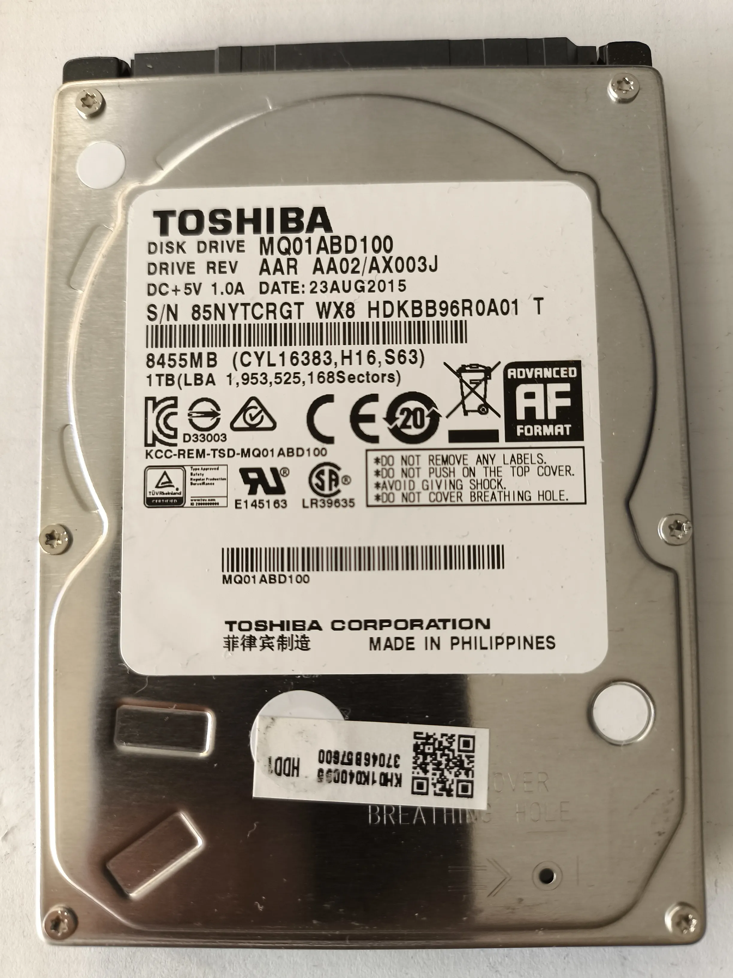 Toshiba MQ01ABD100 S/N 85NYTCRGT