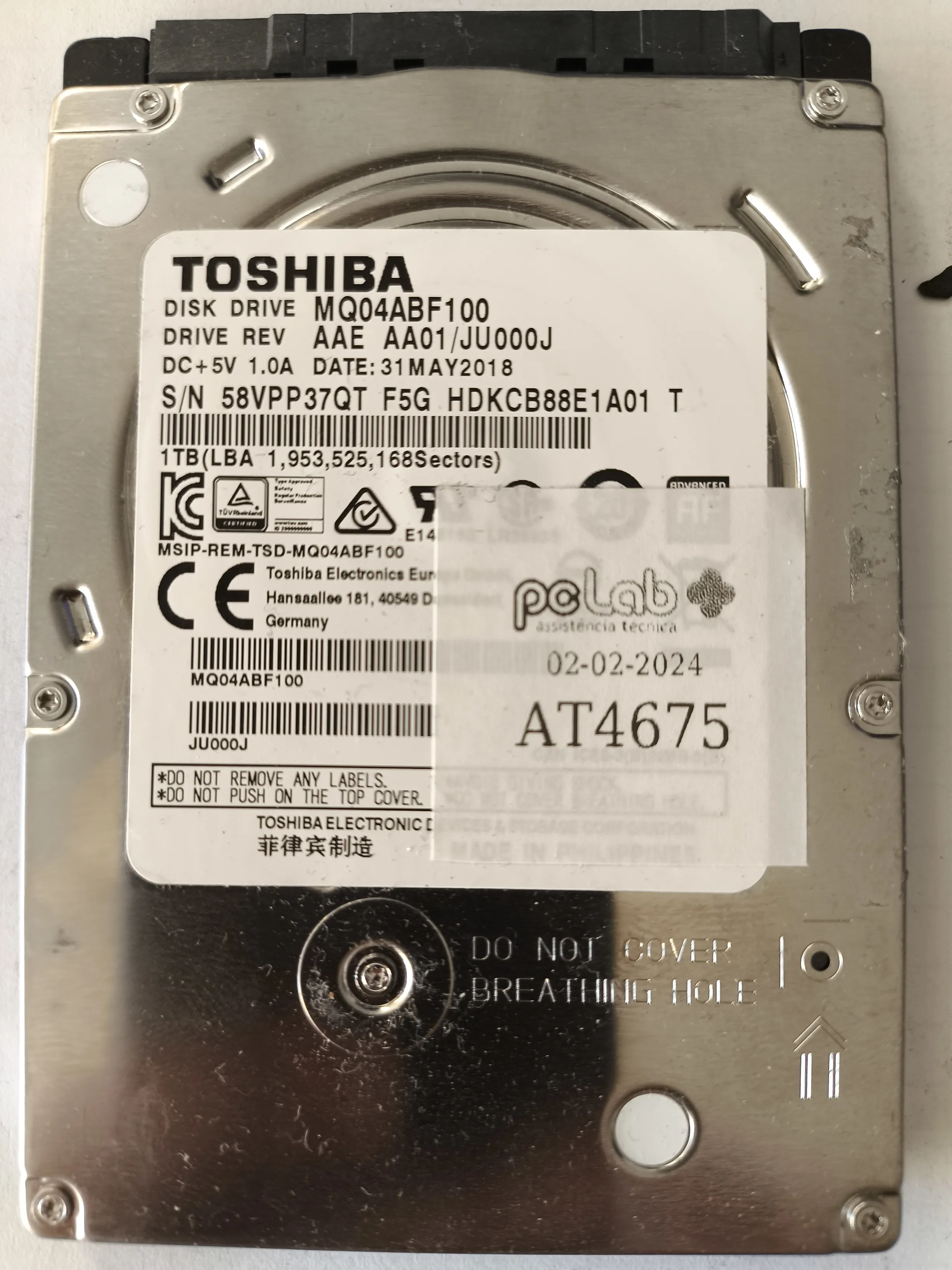 Toshiba MQ04ABF100 S/N 58VPP37QT