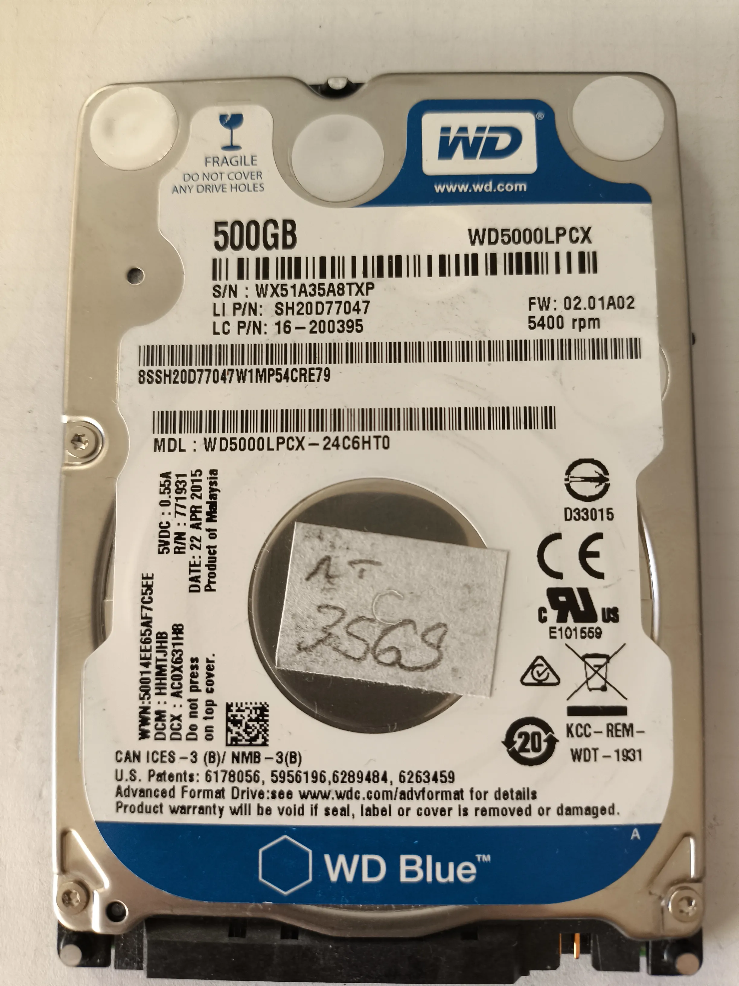 Western Digital WD5000LPCX-24C6HT0 S/N WX51A35A8TXP