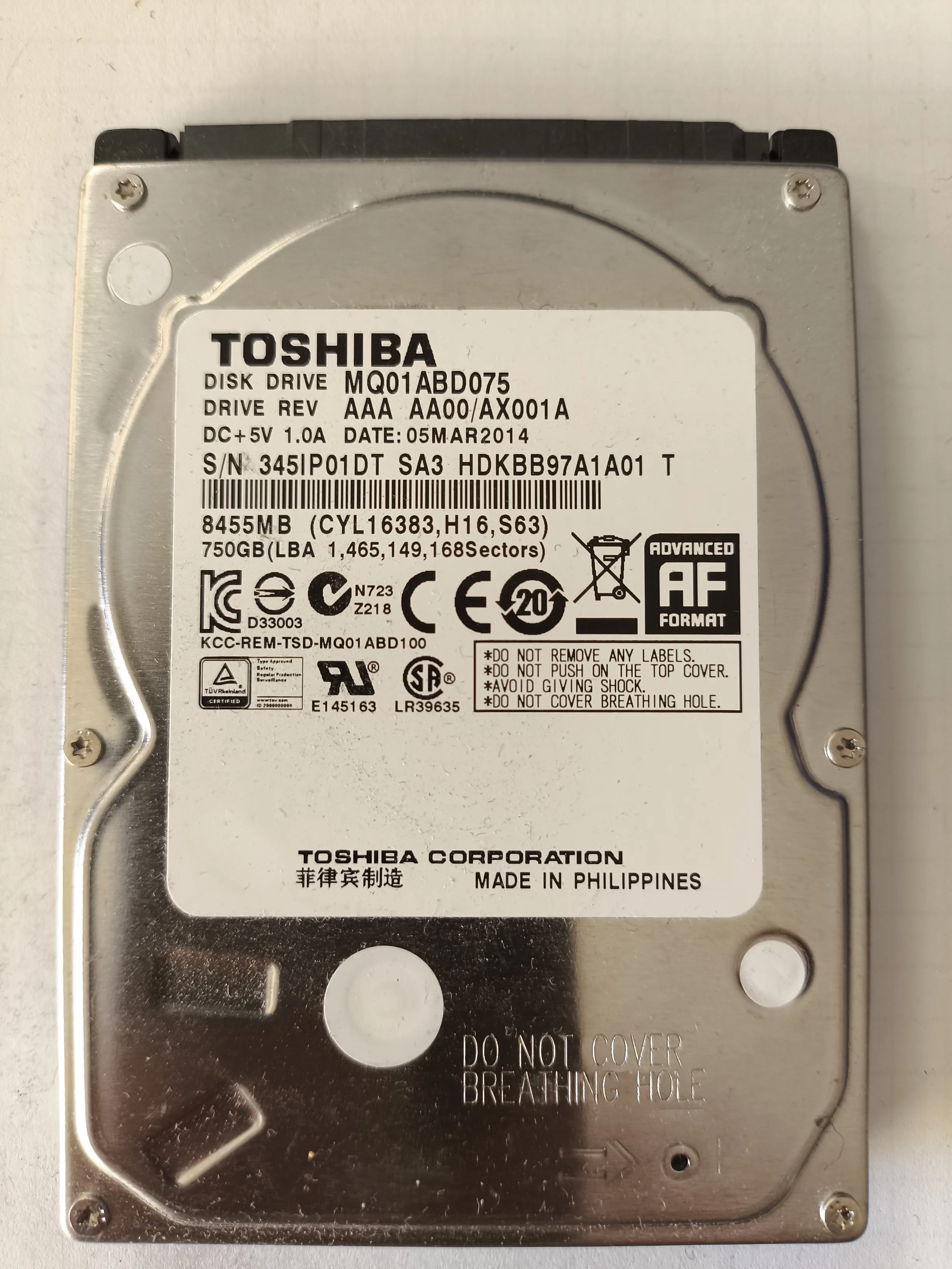 Toshiba MQ01ABD075 S/N 345IP01DT