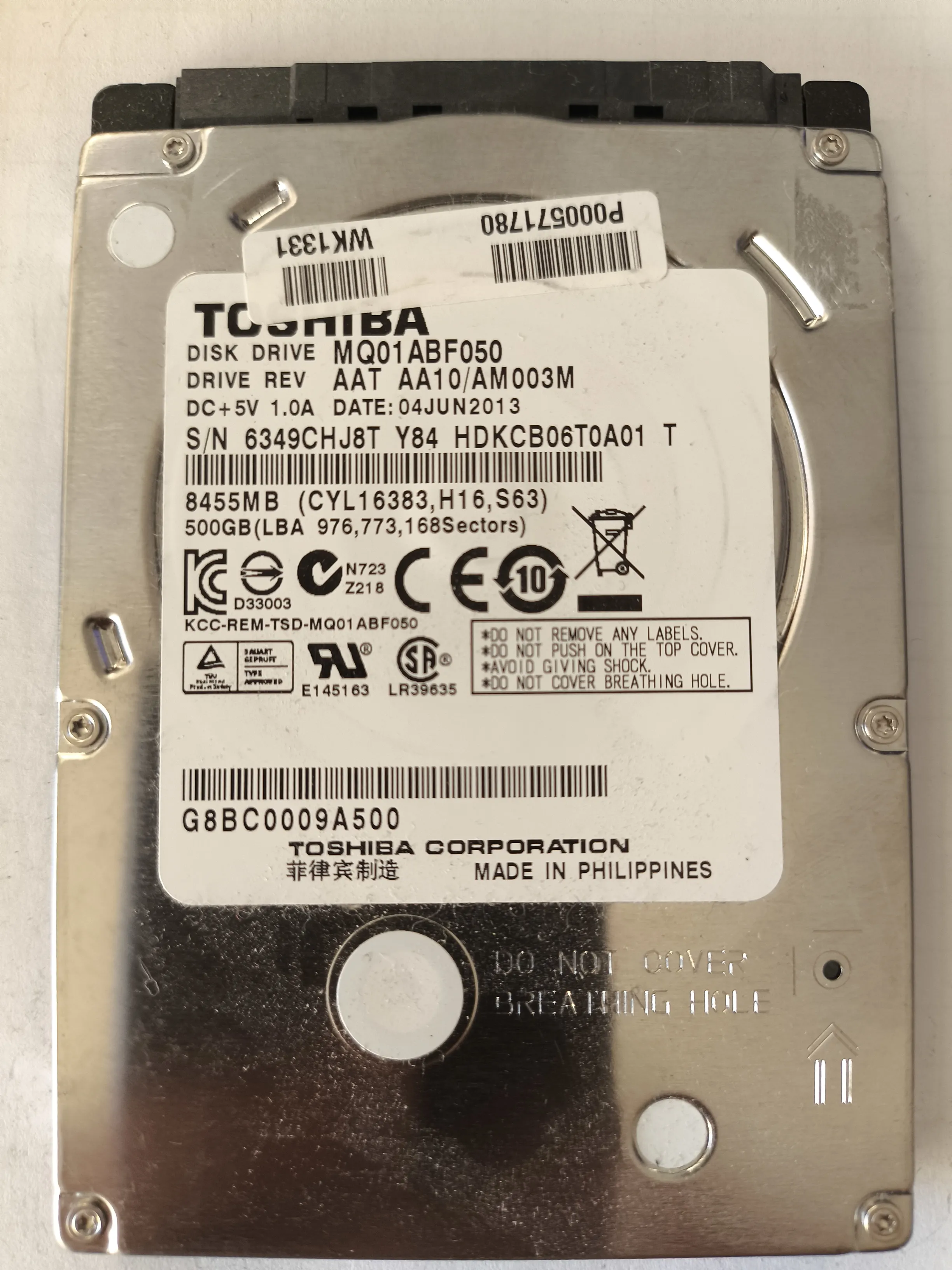 Toshiba MQ01ABF050 S/N 6349CHJ8T