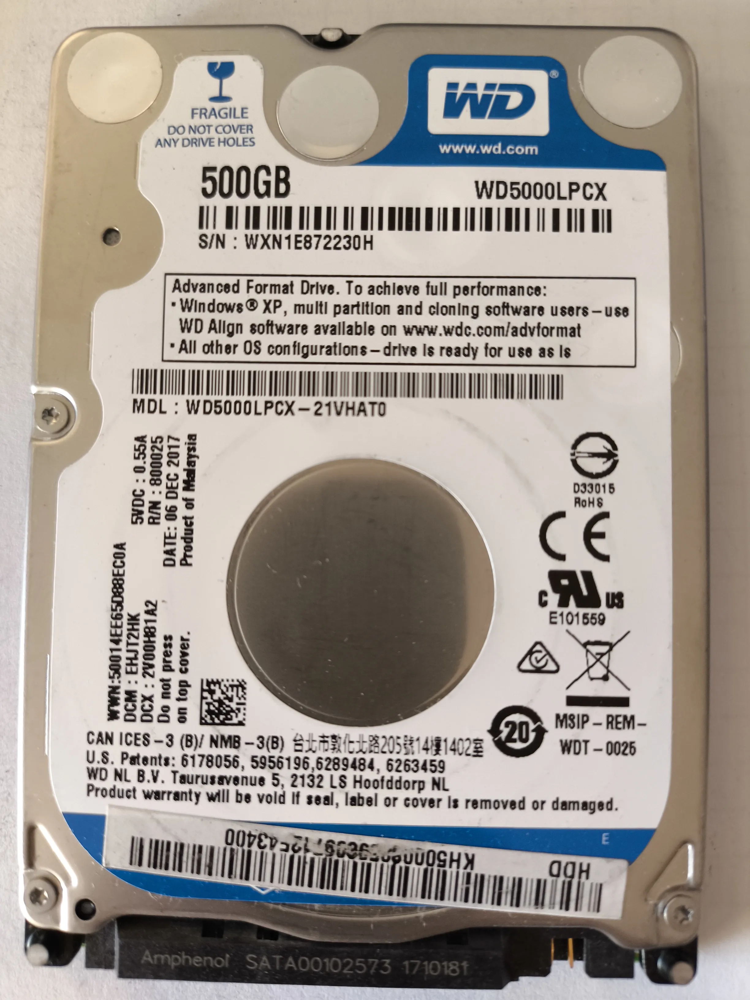 Western Digital WD5000LPCX-21VHAT0 S/N WXN1E872230H