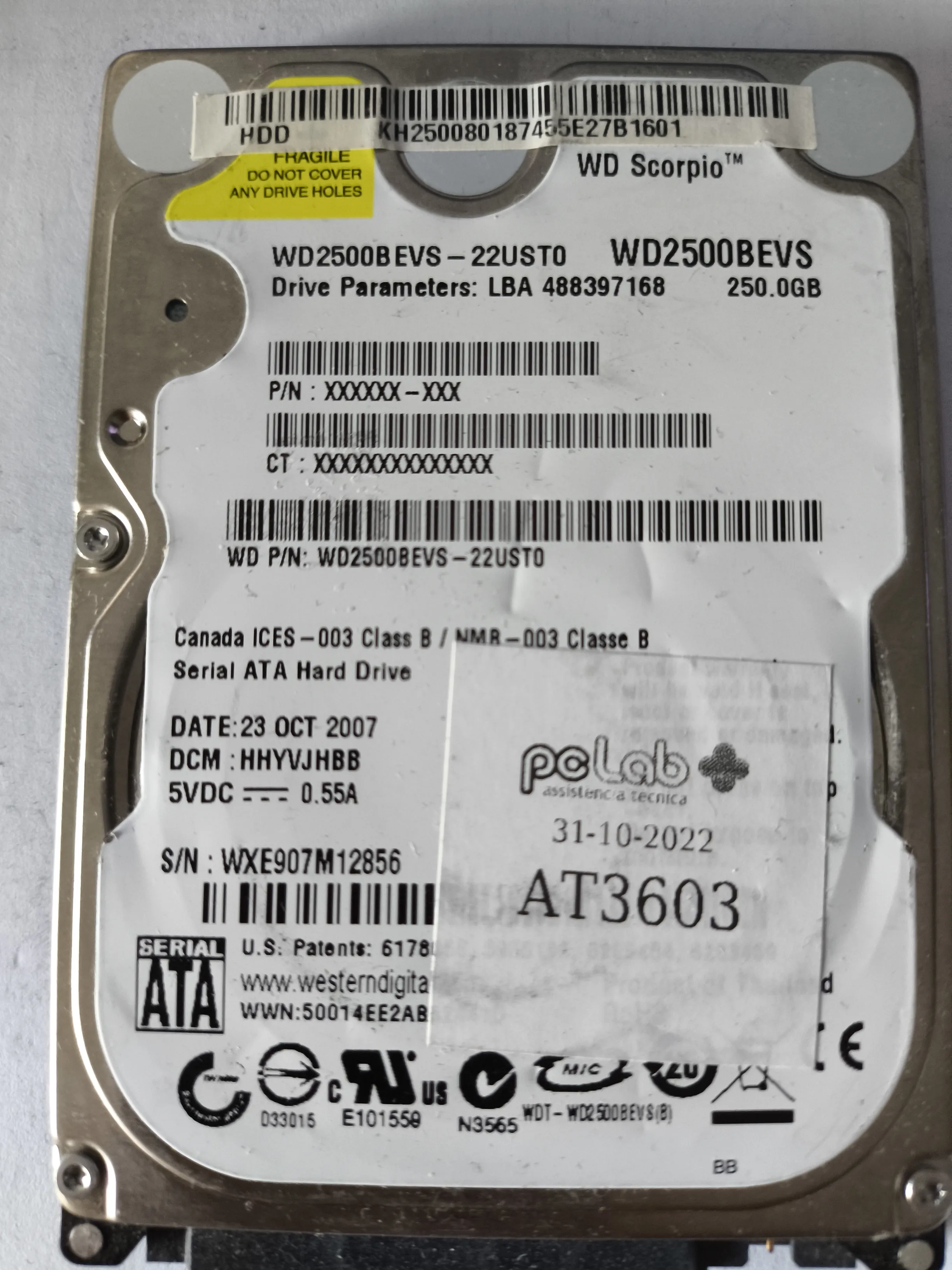Western Digital WD2500BEVS-22UST0 S/N WXE907M12856