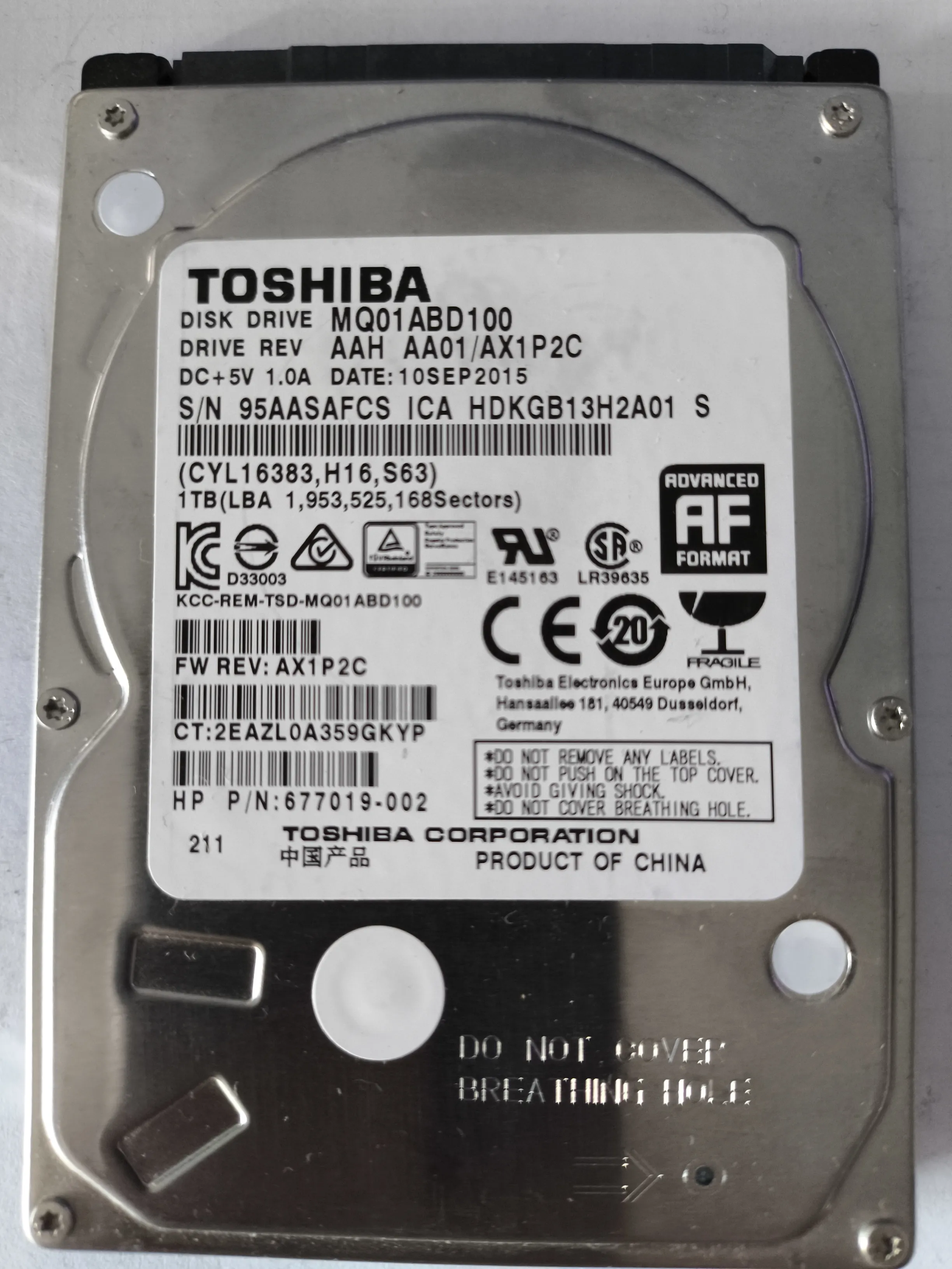 Toshiba MQ01ABD100 S/N 95AASAFCS