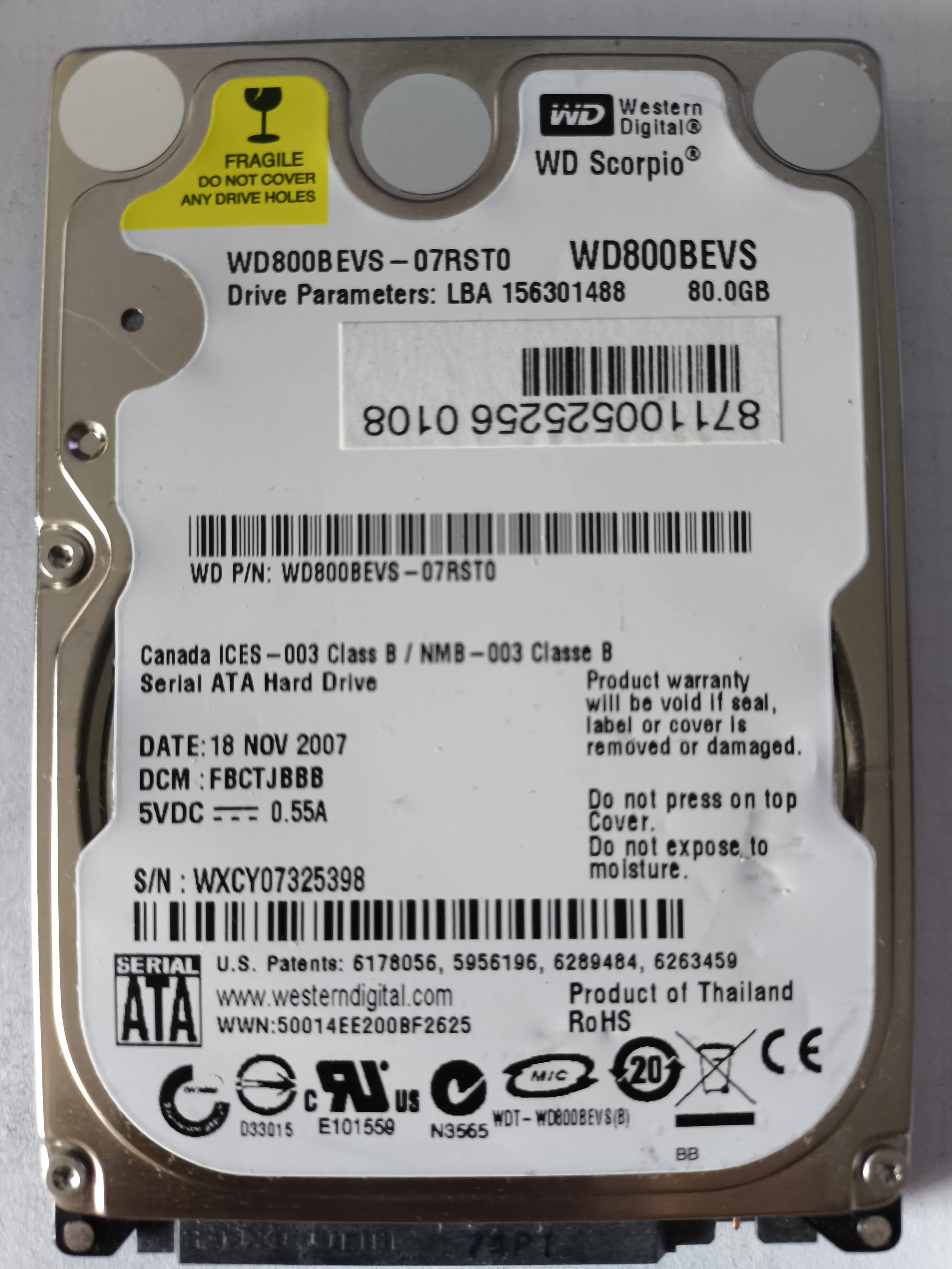 Western Digital WD800BEVS-07RST0 S/N WXCY07325398