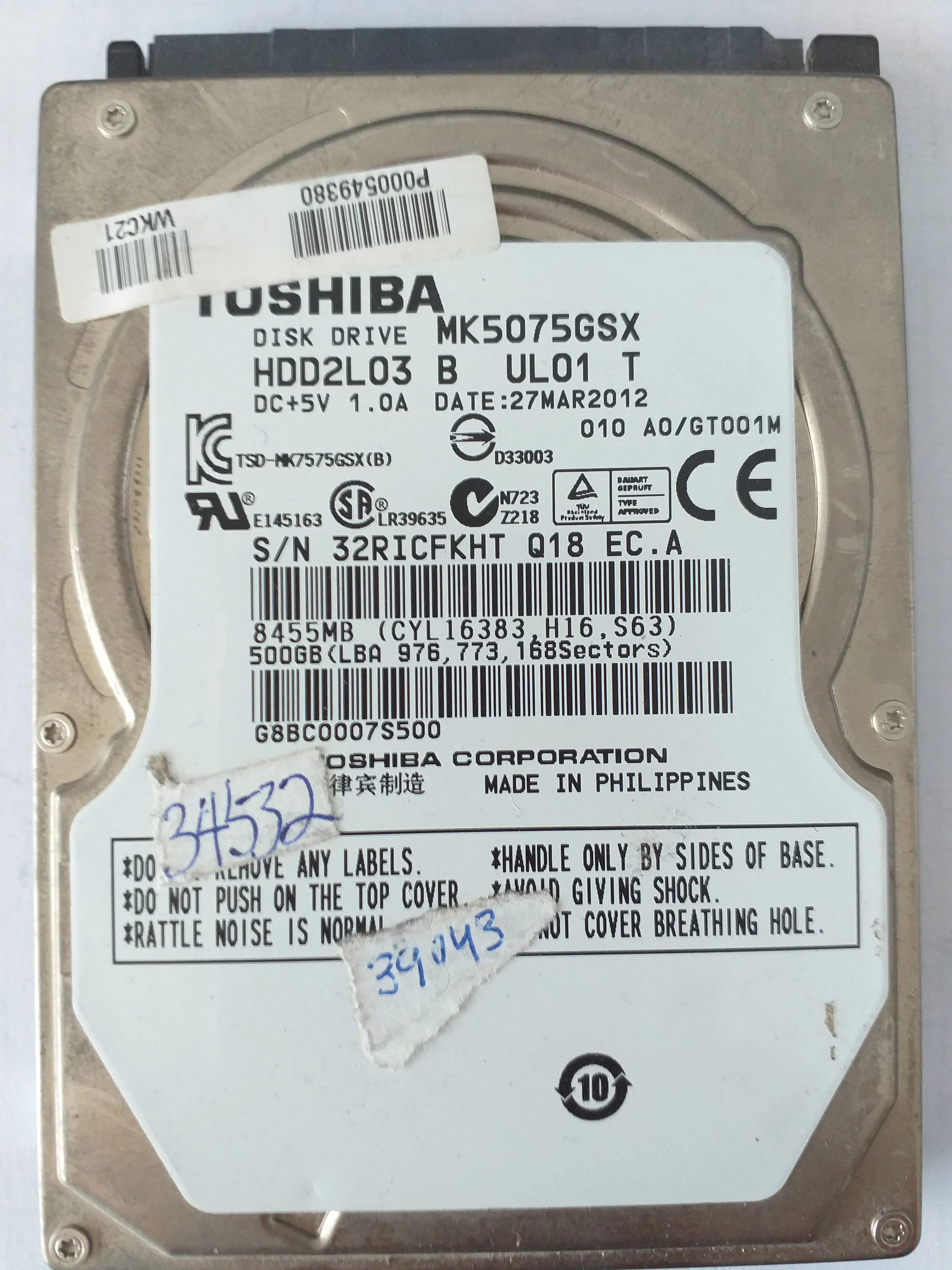 Toshiba MK5075GSX S/N 32RICFKHT