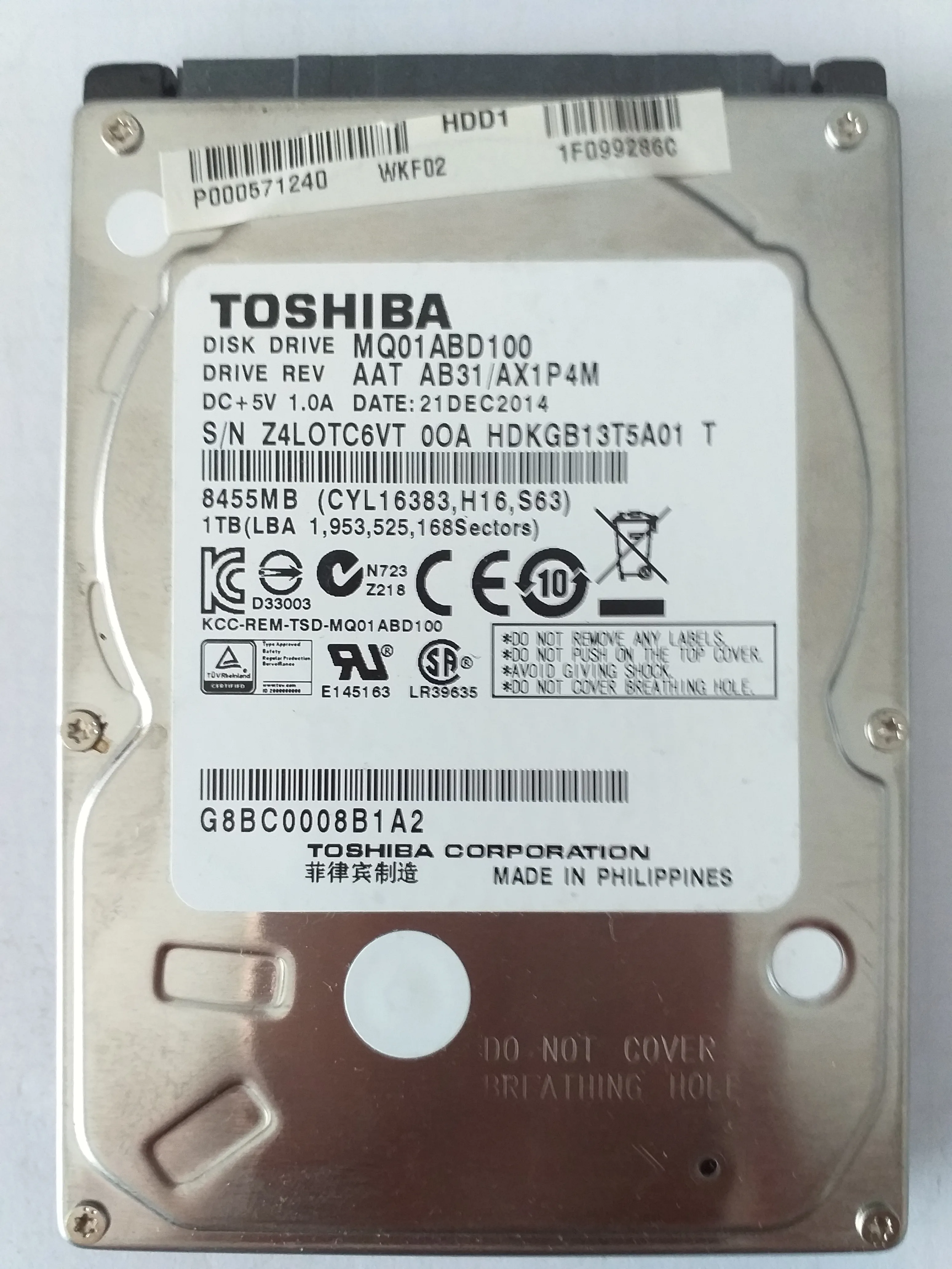 Toshiba MQ01ABD100 S/N Z4LOTC6VT