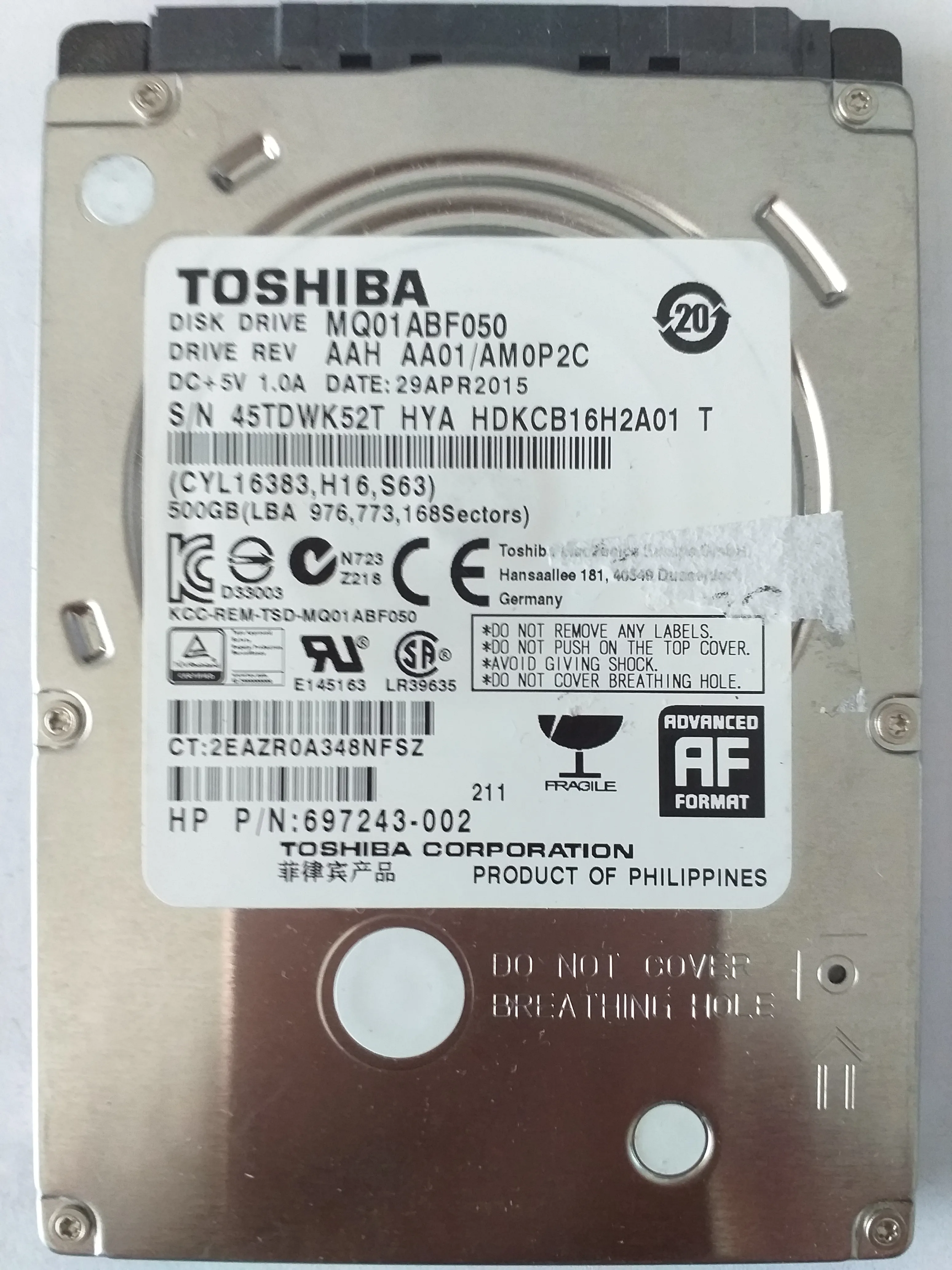 Toshiba MQ01ABF050 S/N 45TDWK52T