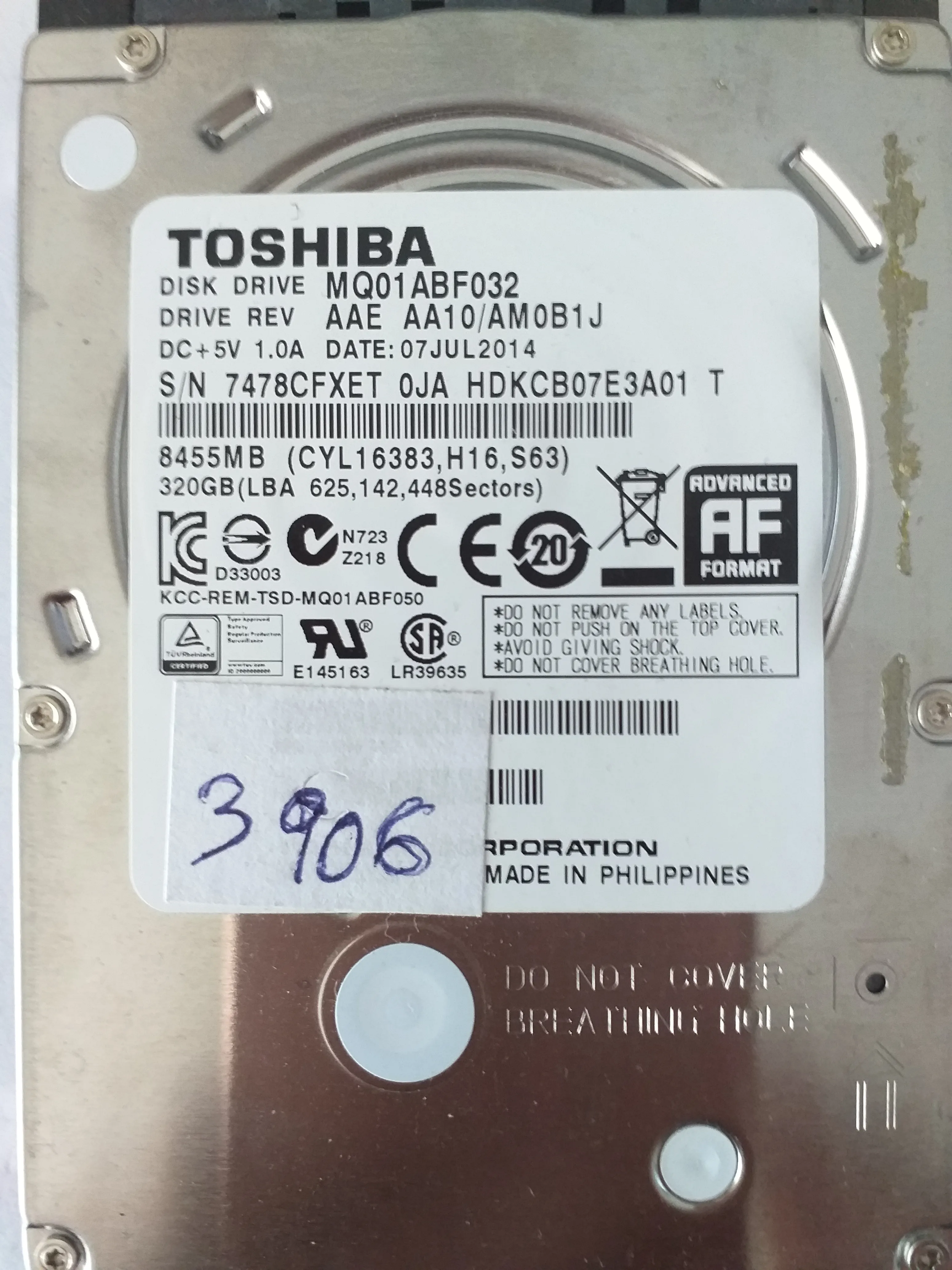 Toshiba MQ01ABF032 S/N 7478CFXET