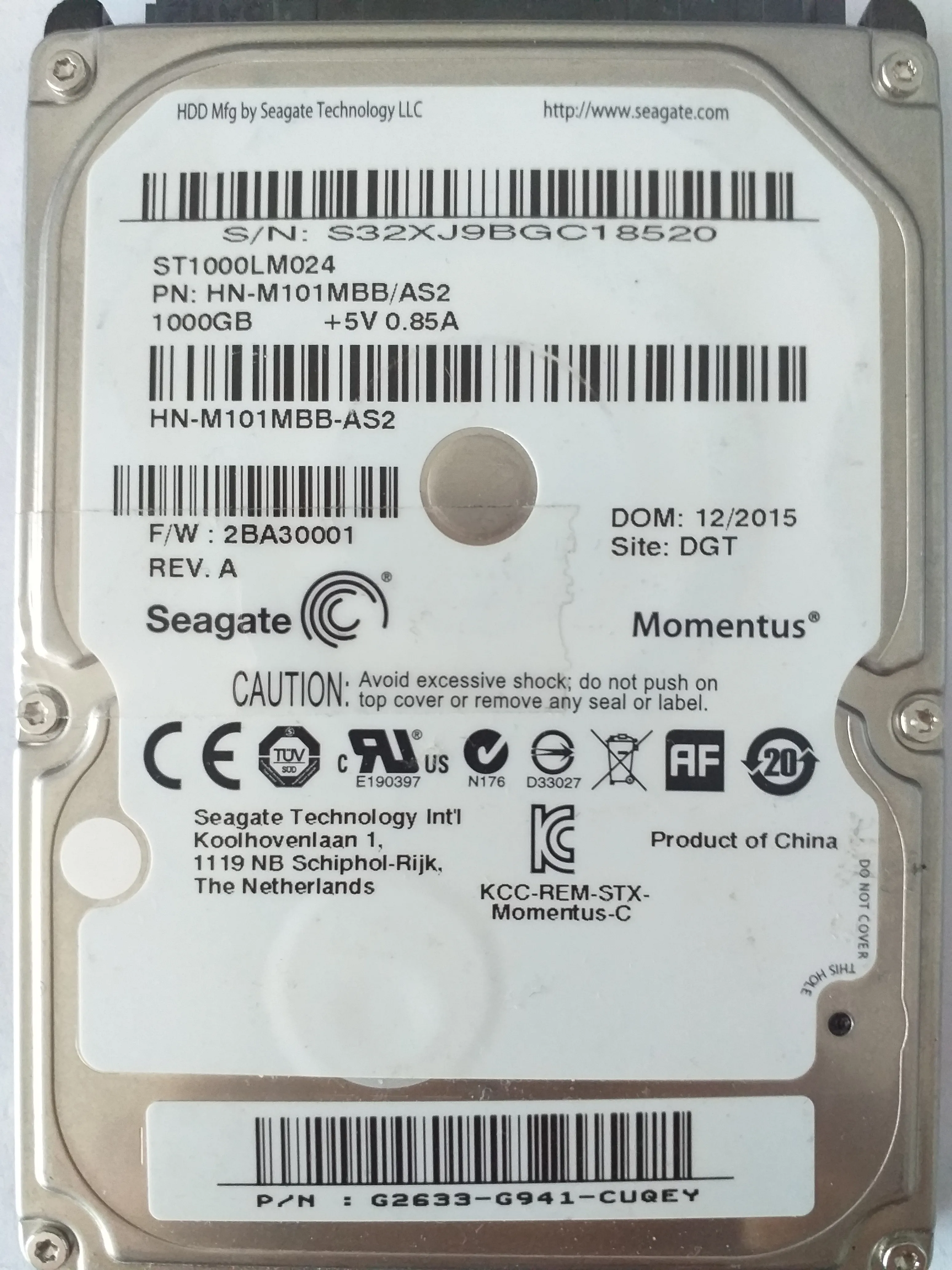 Seagate ST1000LM024 S/N S32XJ9BGC18520